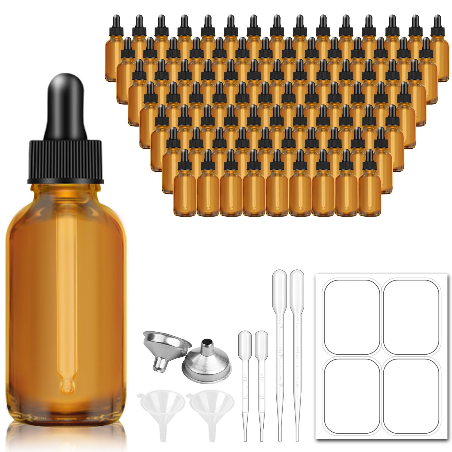 Bumobum 1Oz Dropper Bottles For Essential Oils, 100 Pack 30Ml Amber Glass Dropper Bottles With Eye Dropper, 10 Funnel And 10 Lon