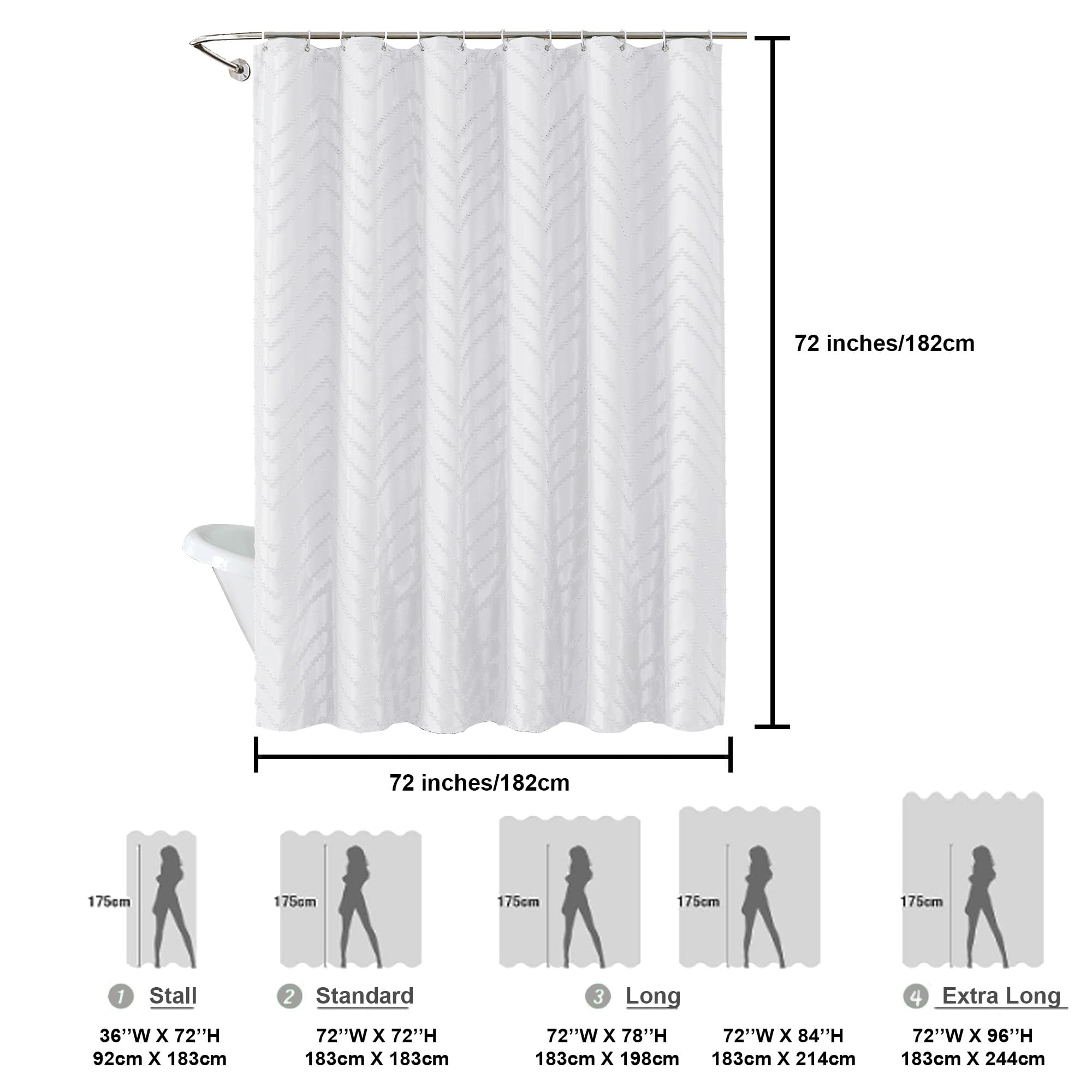 Chyhomenyc Chevron White Boho Shower Curtain Set 72X72 Inches With 12 Hooks, Fabric Shower Curtain Modern Chic Textured Tufted C