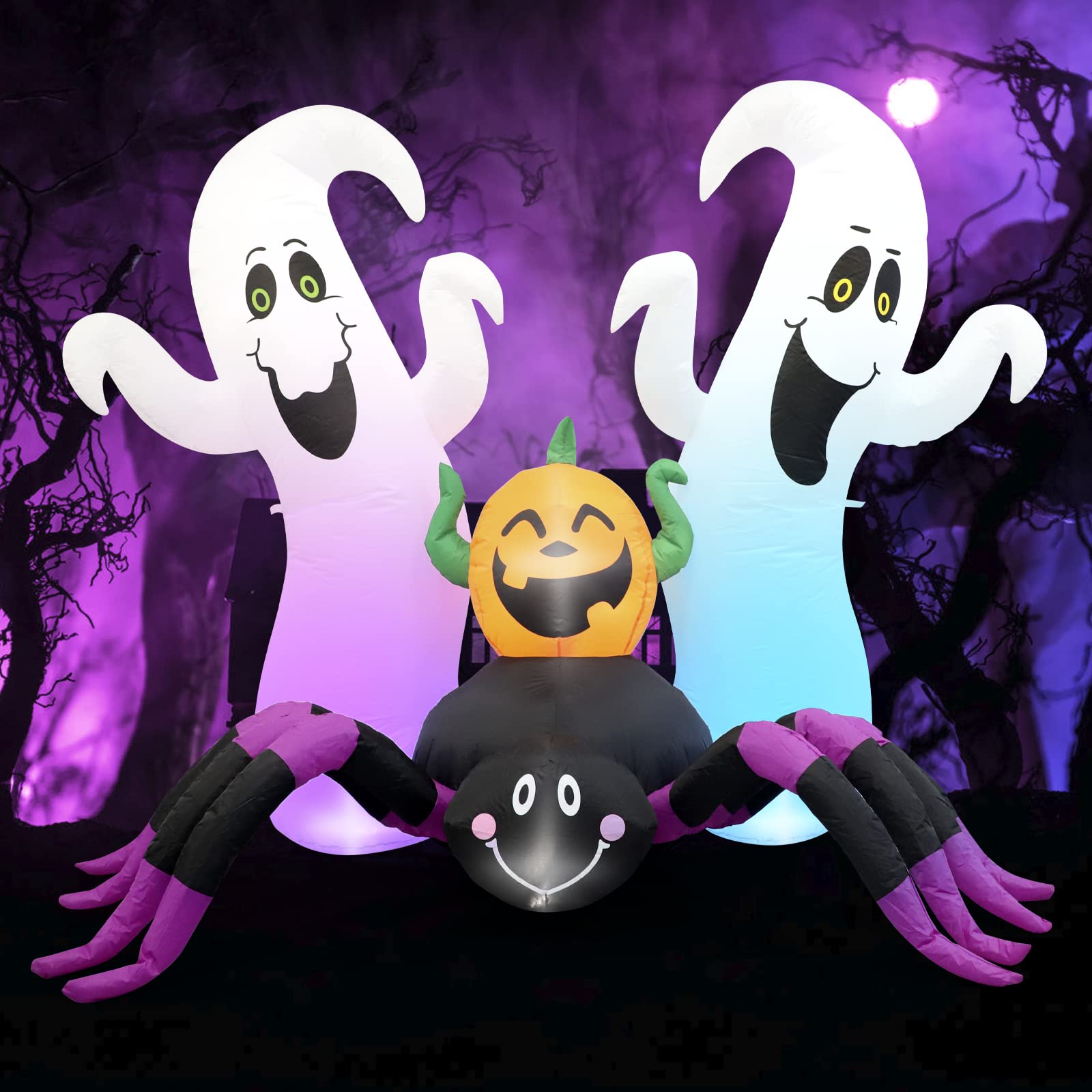 Halloween Inflatable, SHDEJTG 7Ft Pumpkin Ghost Spider Inflatable Decoration, Blow Up Yard Decoration Clearance with LED Lights 