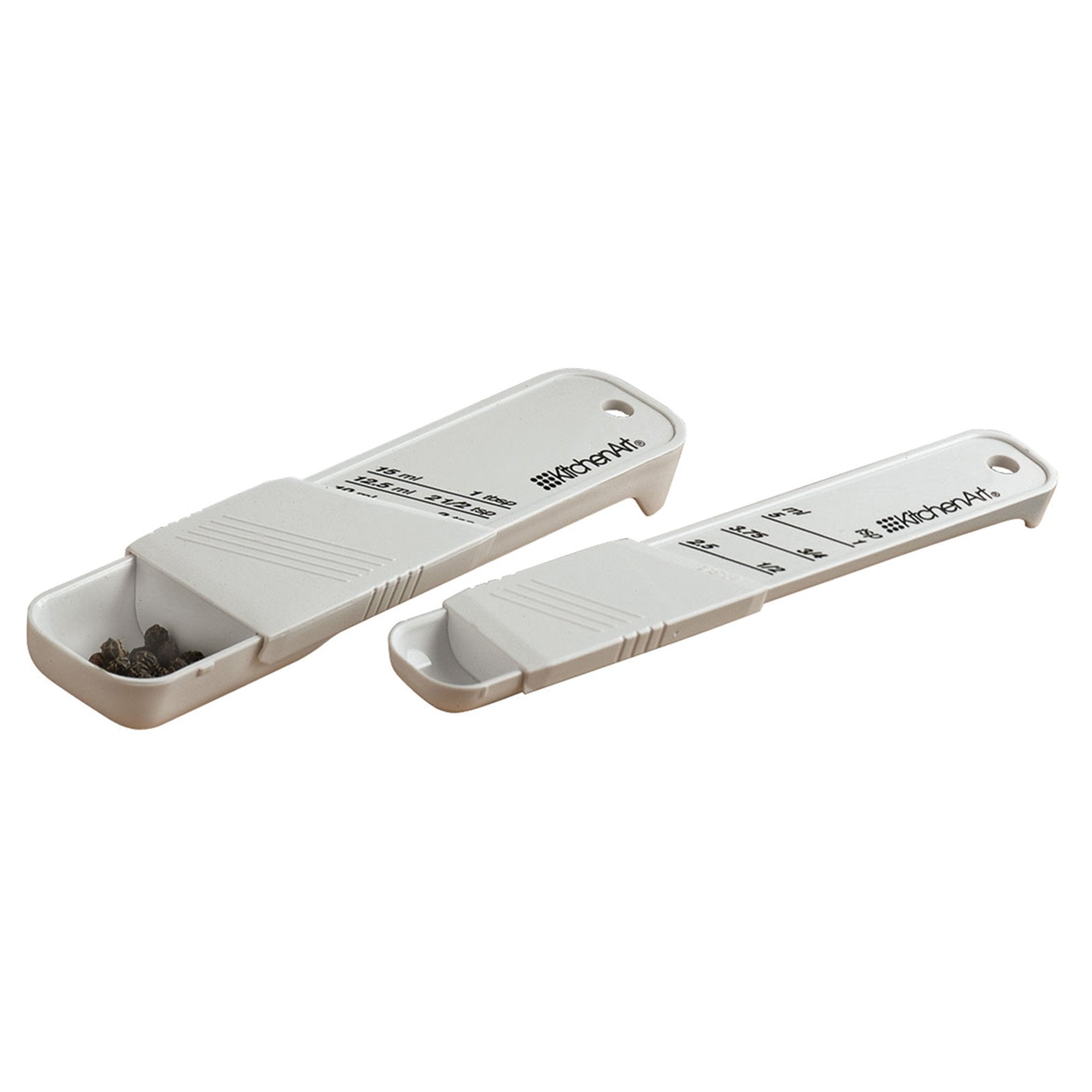 Kitchenart Adjust-A-Teaspoon And Adjust-A-Tablespoon Set, Plastic, 2-Piece, White,9 X 3.5 X 0.75 Inches