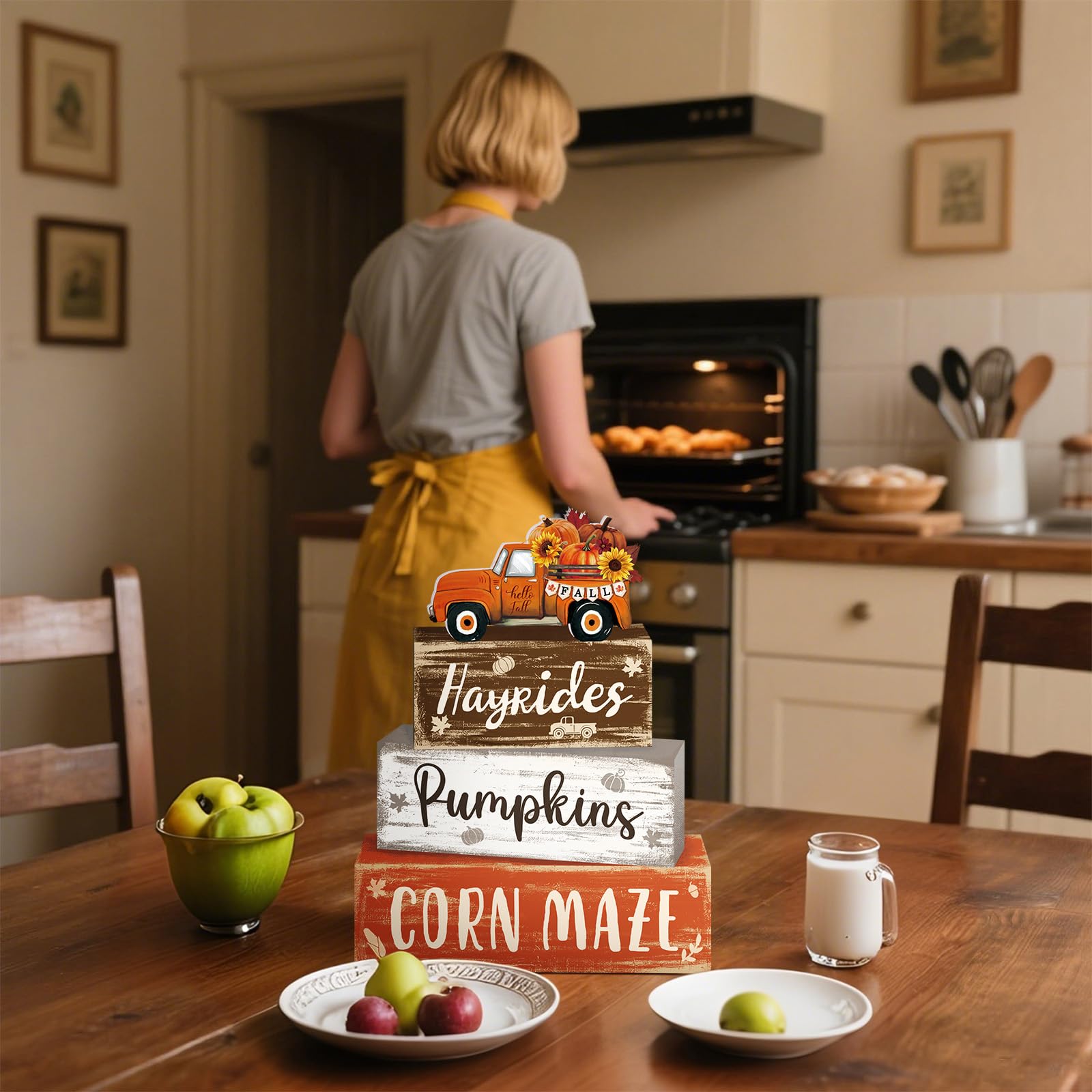 4 Pcs Fall Thanksgiving Decor for Home Truck Pumpkin Wooden Signs with Sayings Autumn Thanksgiving Tiered Tray Decor Fall Hay Ri
