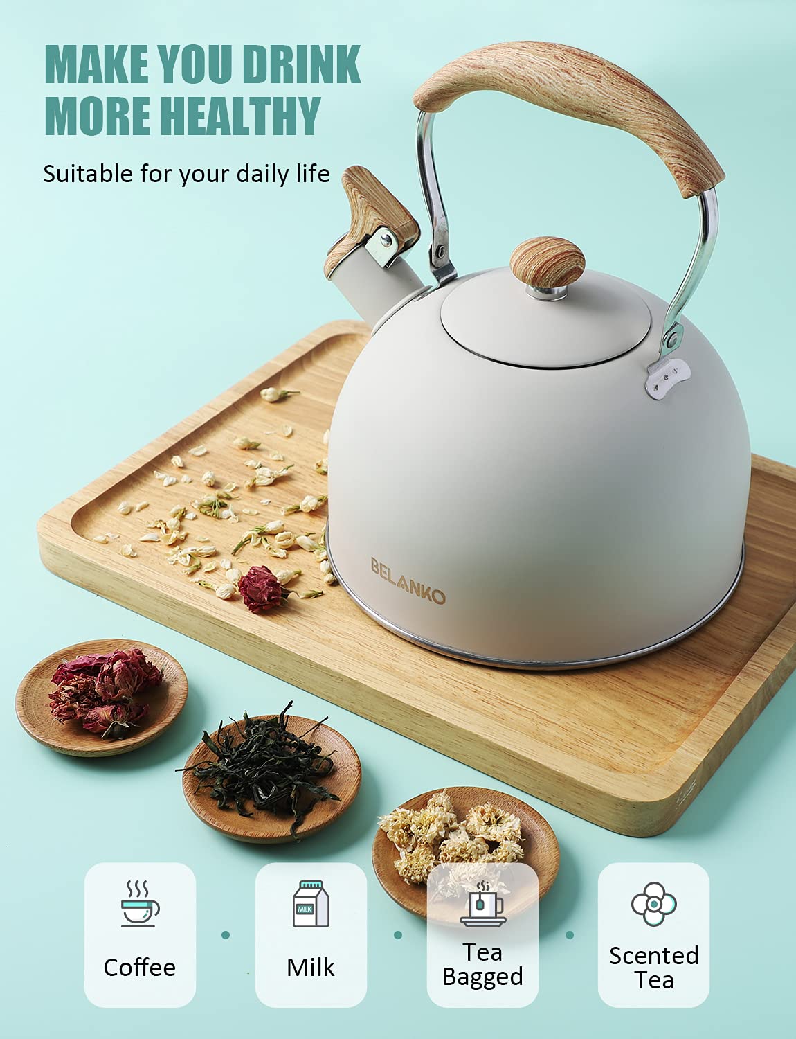Tea Kettle, Belanko 85 Oz / 2.5 Liter Whistling Tea Kettle Pots For Stove Top Food Grade Stainless Steel With Wood Pattern Foldi