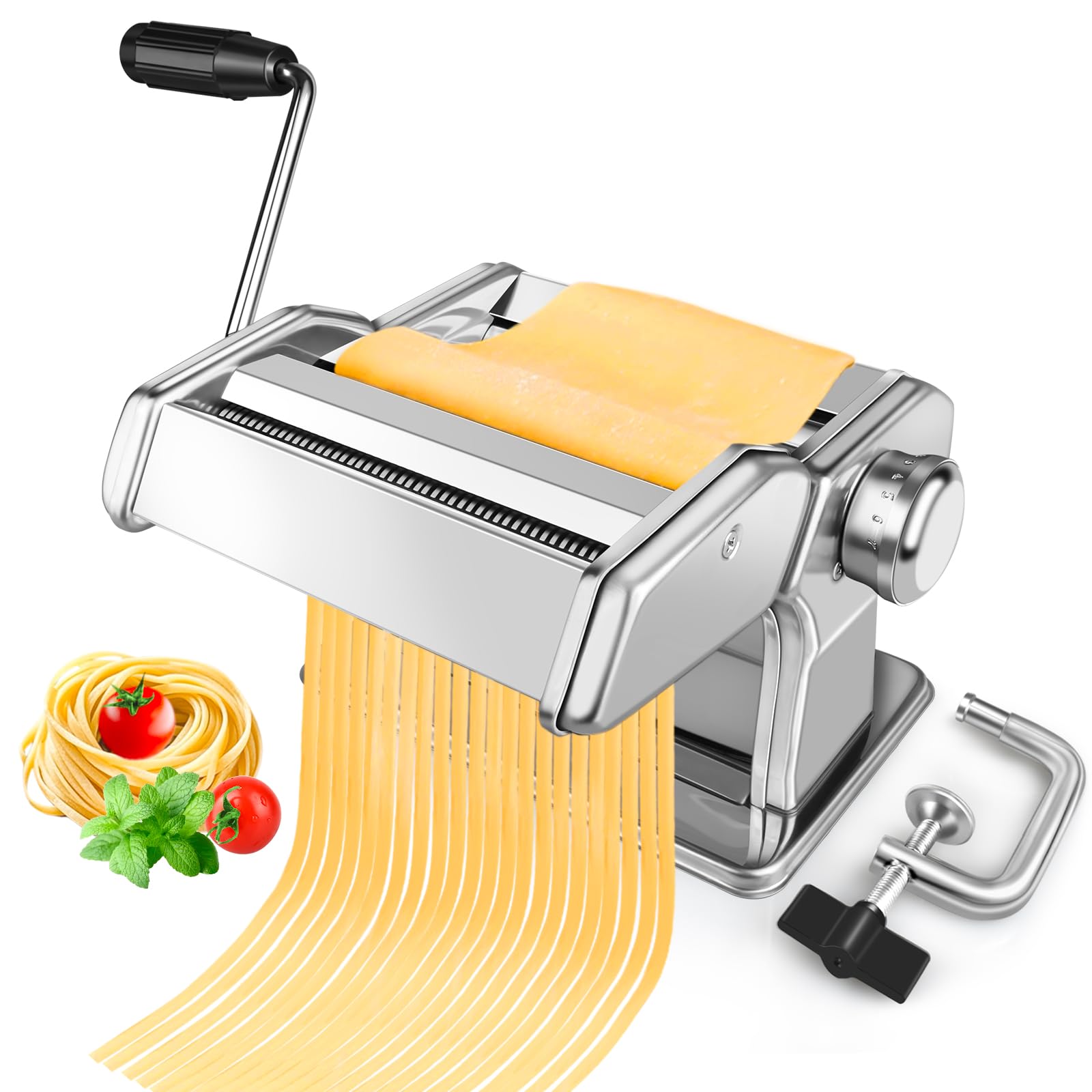 Pasta Maker with 7 Thickness Settings Roller, 2-in-1 Cutter, Hand Crank and Table Clamp, Stainless Steel Manual Pasta Machine fo