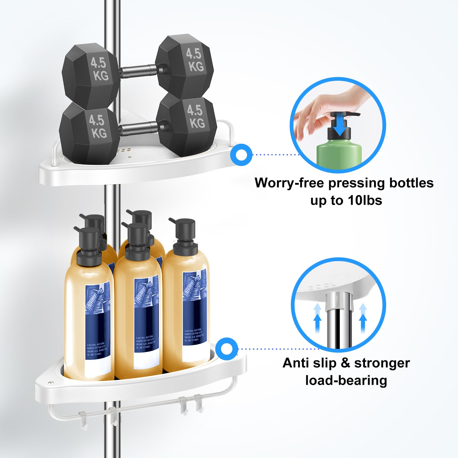 Corner Shower Caddy Tension Pole: Adjustable Stainless Steel Shower Organizer with 4 Tier Shelf for Bathroom Bathtub Tub Shampoo - Floor Standing Rack Bath Storage Holder with Rust Proof Rods