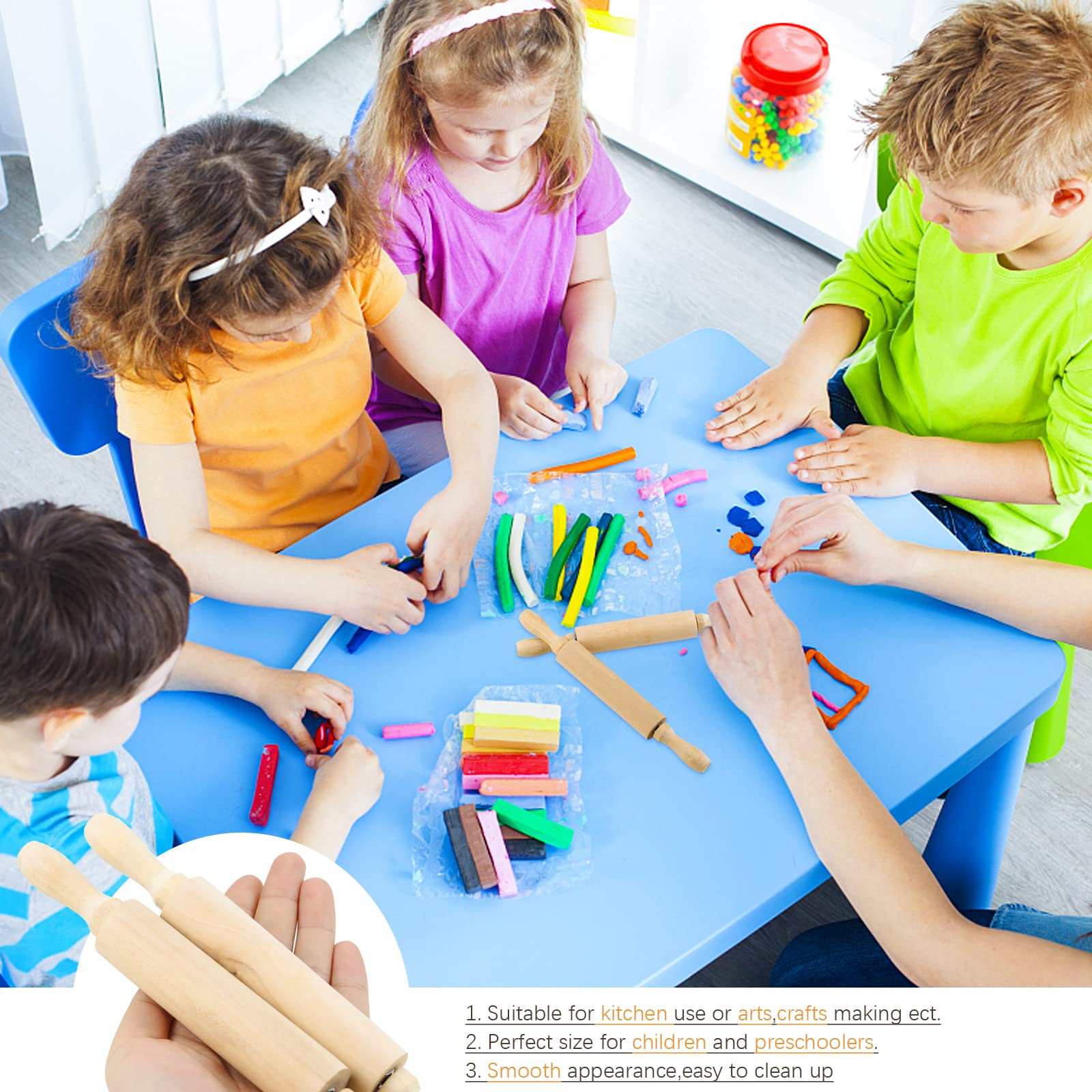 Billioteam 6 Pack 8 Inch Mini Wood Rolling Pin,Great For Children Kids Girls And Boys,Small Wooden Rollers For Art And Crafting,