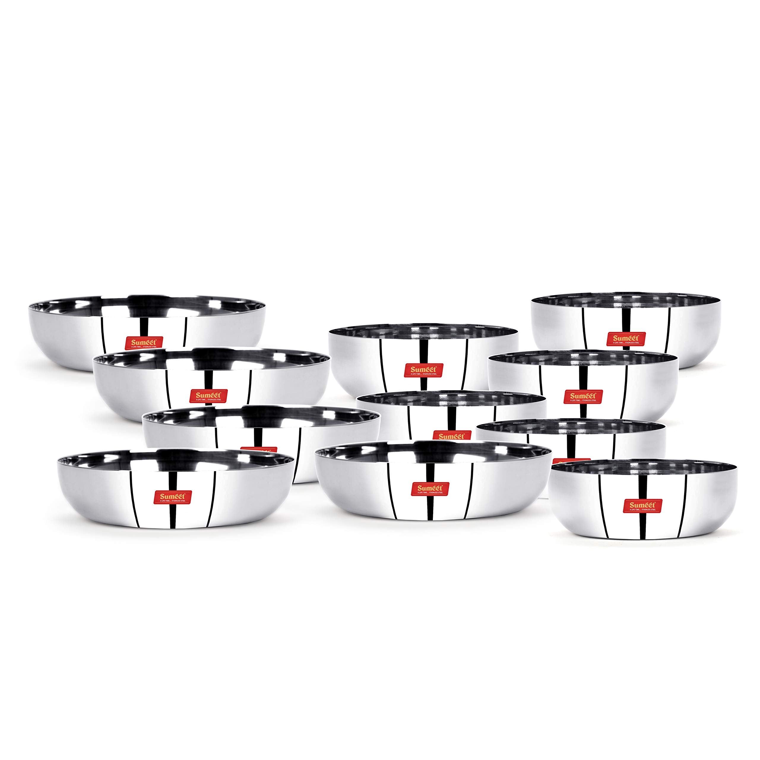 Sumeet Stainless Steel Mirror Finish Apple Shape Heavy Gauge Mini (6Pc - 10Cm Dia) And Small (6Pc - 12.8Cm Dia) Dessert Plates Set Of 12Pcs - 350 Ml