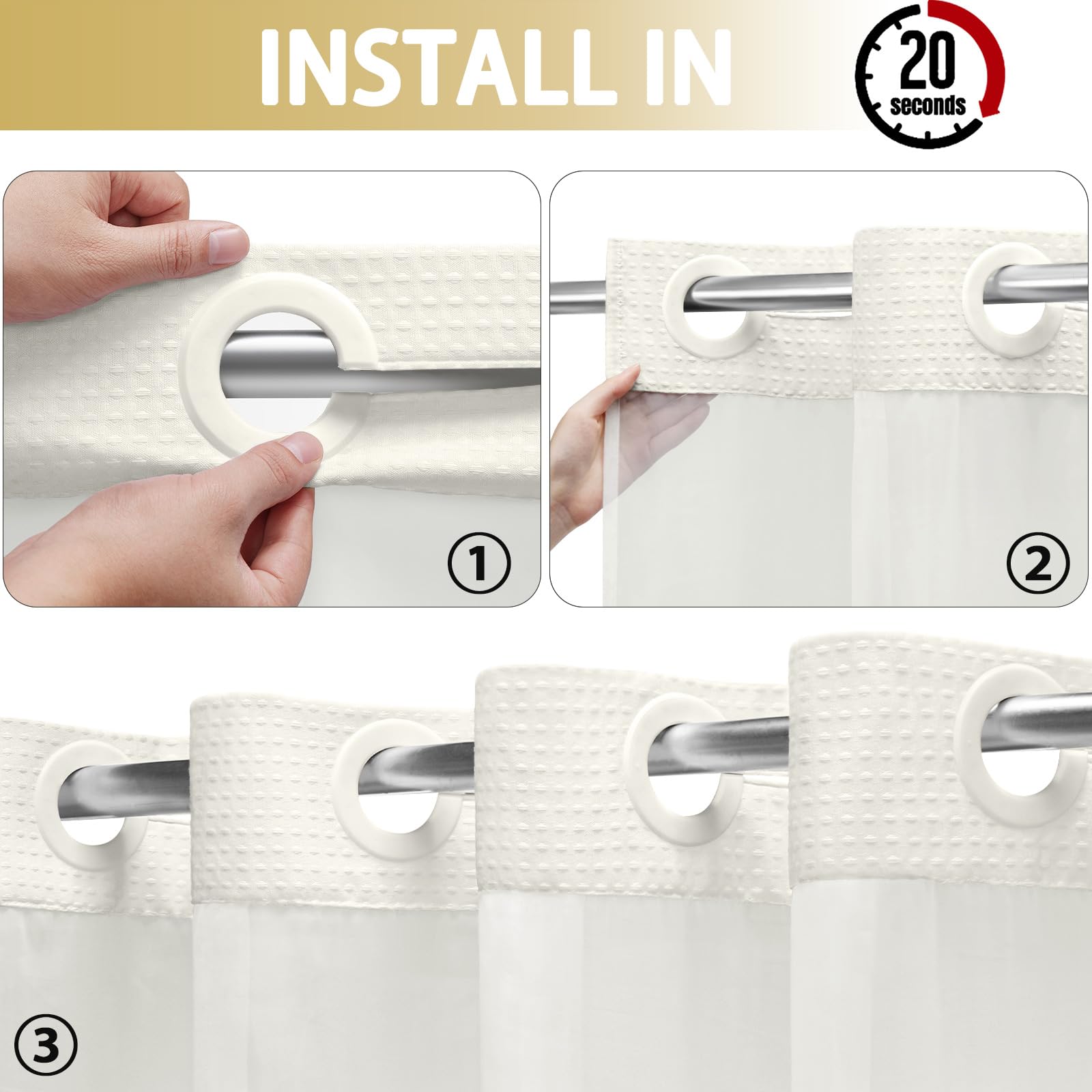 Yellyhommy No Hook Shower Curtain With Snap In Liner Set Less Waffle Shower Curtain For Bathroom (Cream, 81'' L X 72'' W)
