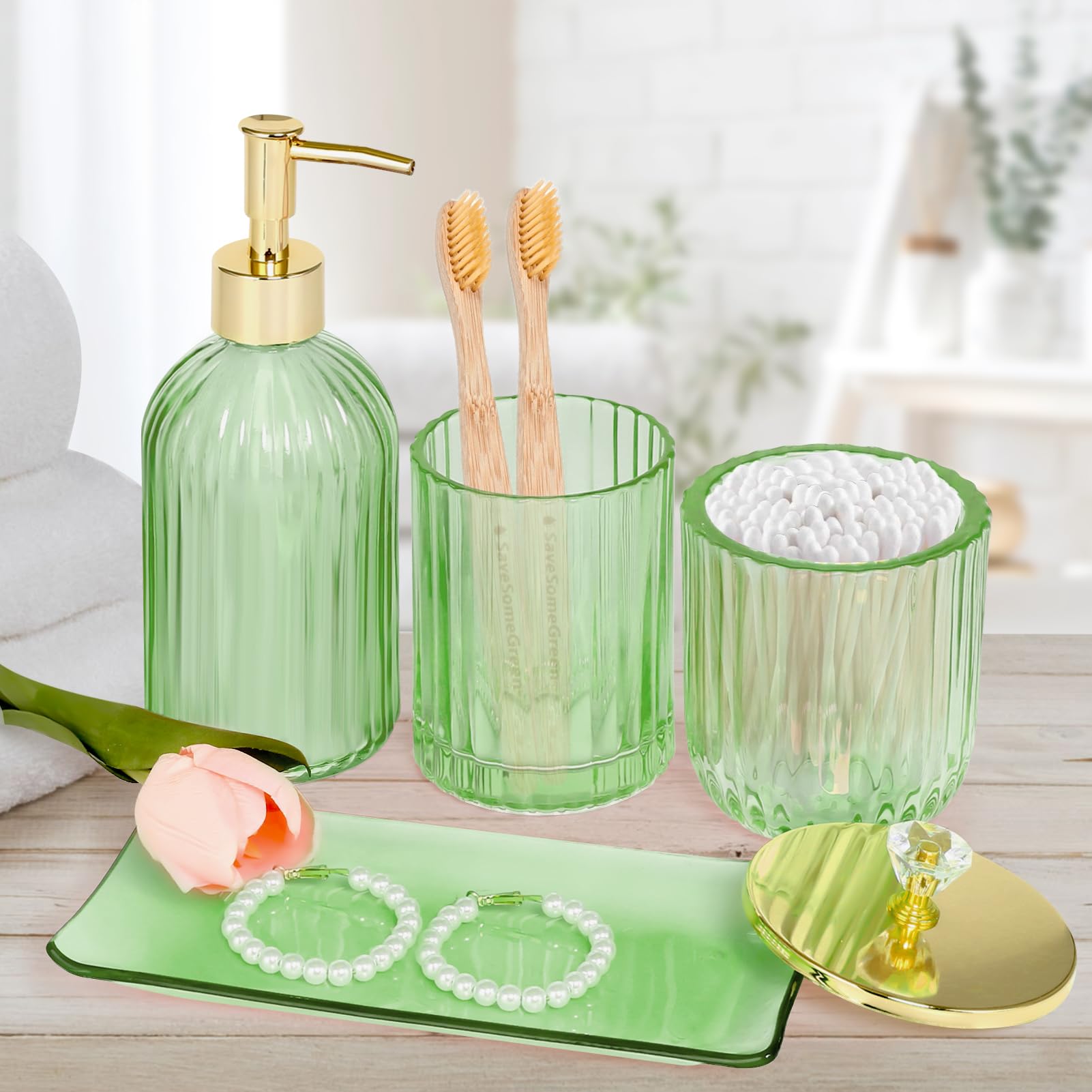 Glass Bathroom Accessories Set, 4 Pieces, Lotion Dispenser, Soap Dispenser, Toothbrush Holder, Cotton Swab Jar, Vanity Tray, Gre