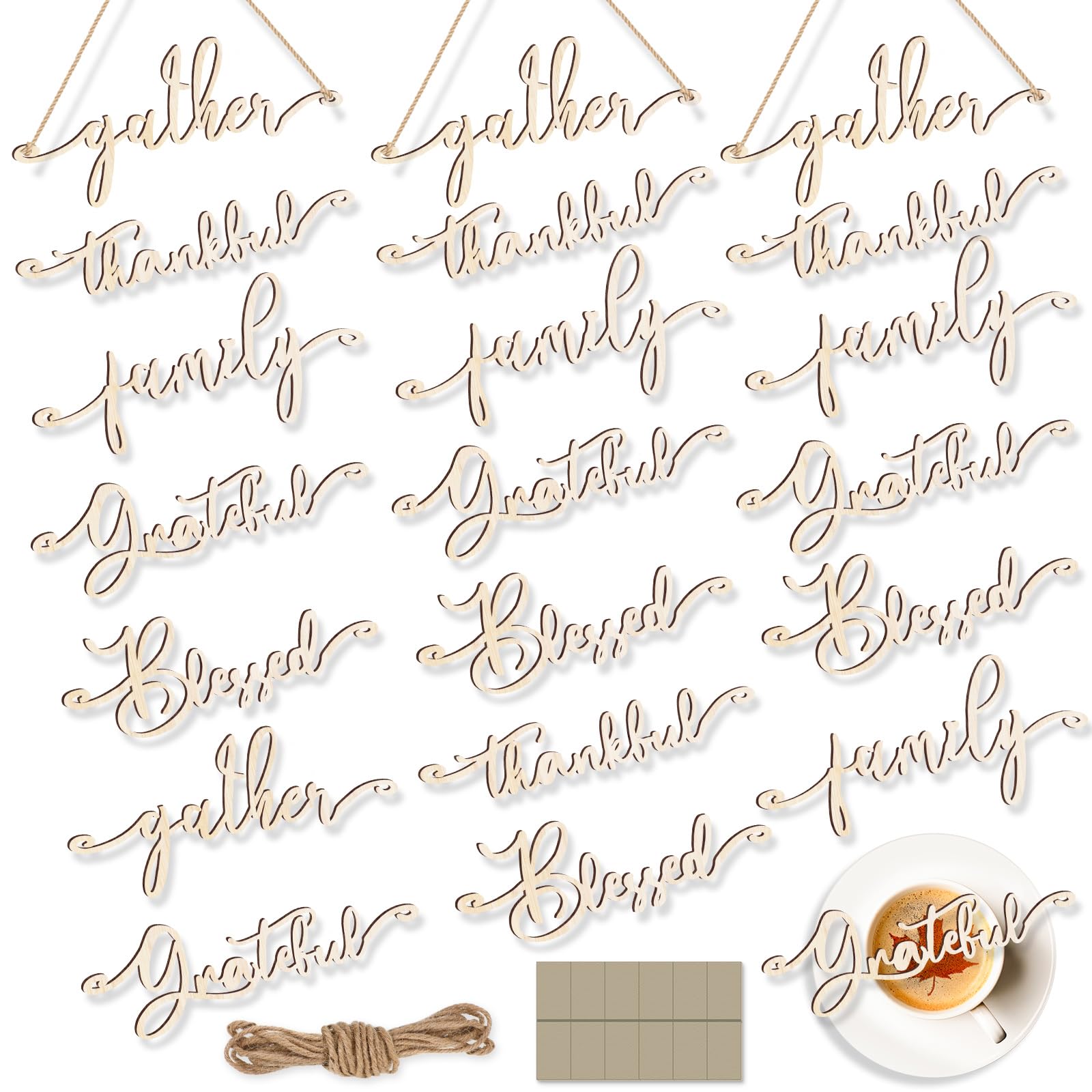 Jetec 20 Pieces Thanksgiving Decor Thankful Grateful Blessed Wood Cutout Sign for Plate Table Wall Decor Rustic Wooden Word Cuto