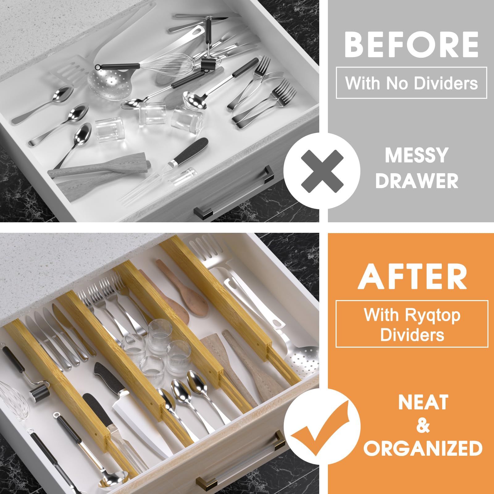 Ryqtop Bamboo Drawer Dividers,17-22'' Adjustable Kitchen Drawer Organizer for Clothes,4 Pack Expandable Drawer Organization Sepa