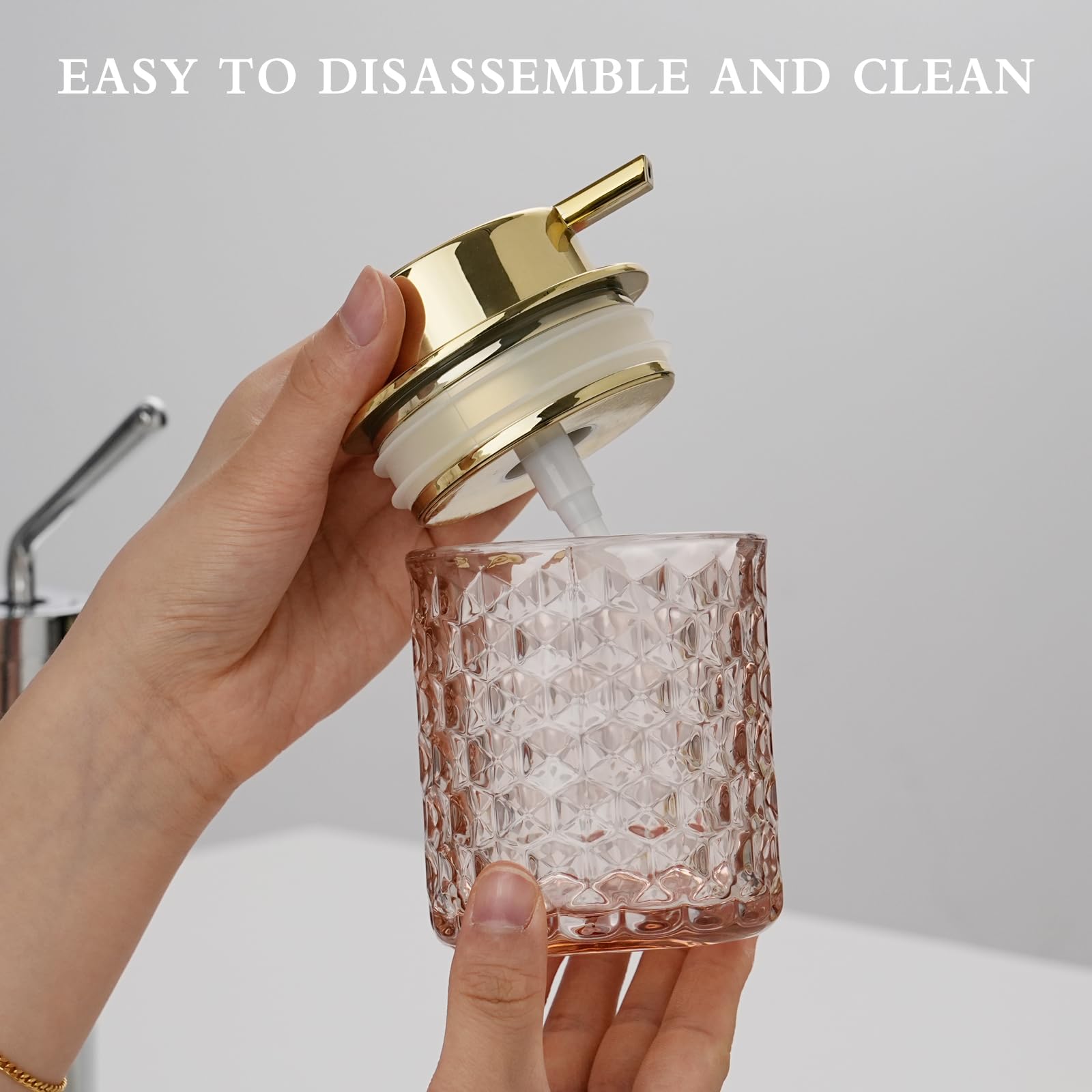 Cicufy Hand Soap Dispenser Glass, Refillable Liquid Dispenser For Bathroom & Kitchen,Lotion Dispenser With Large Gold Pump(Diamo