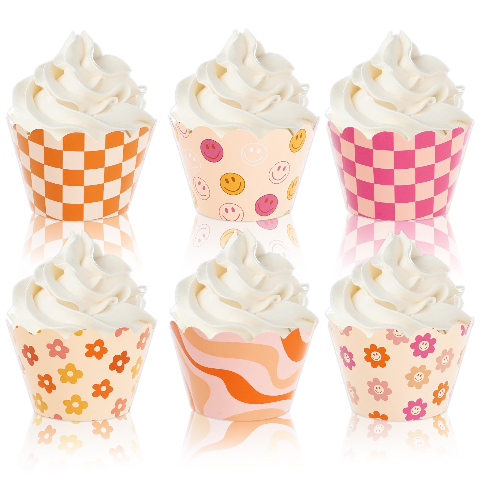 Whaline 36Pcs Retro Groovy Cupcake Wrappers Vintage Smile Daisy Checkered Cupcake Liners Pink Orange Boho Paper Baking Cup Cupca