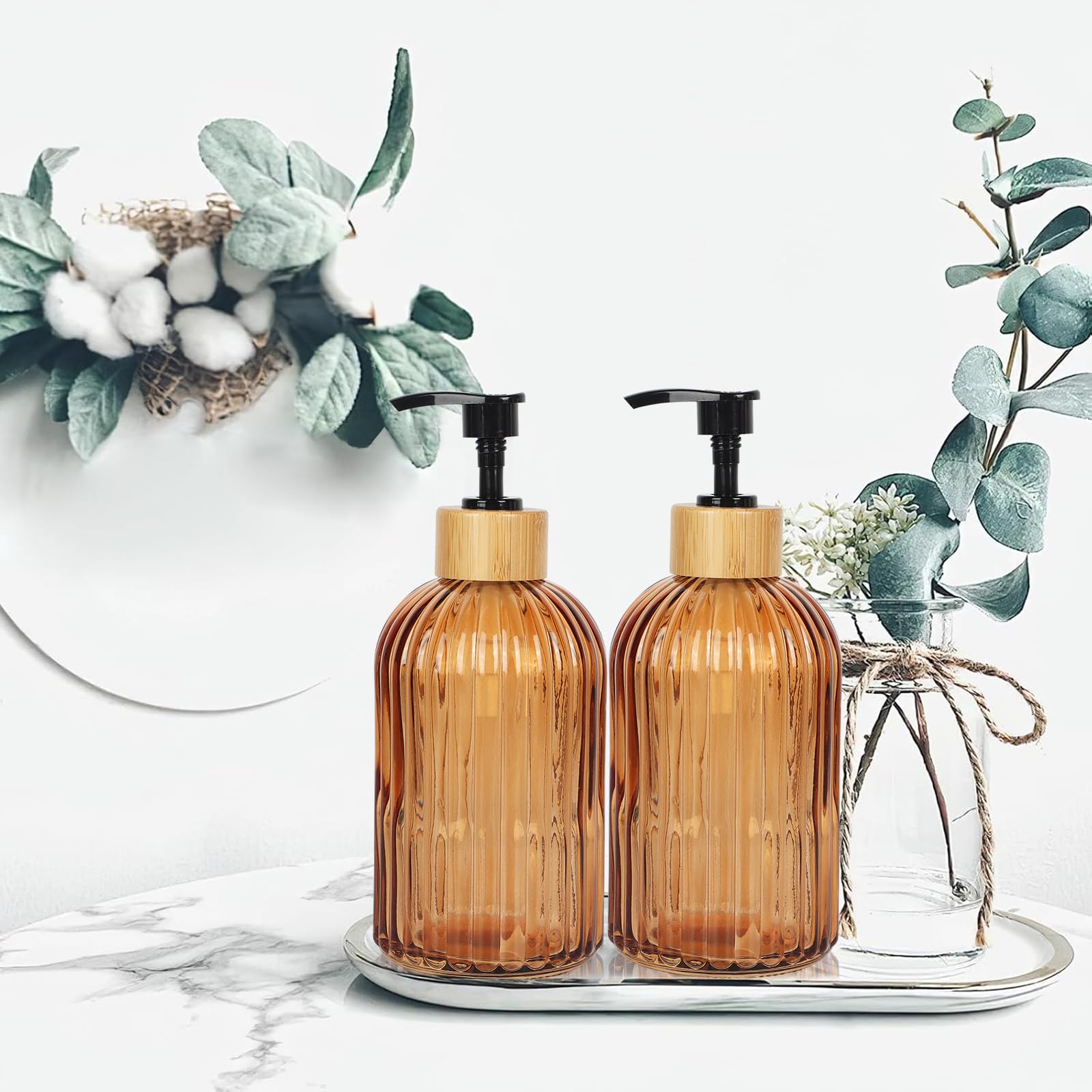 Ulable Amber Glass Soap Dispenser With Pump, 2 Pack 13.5Oz Vertical Stripe Design Hand Soap Dispenser For Hand Wash, Dish Wash,