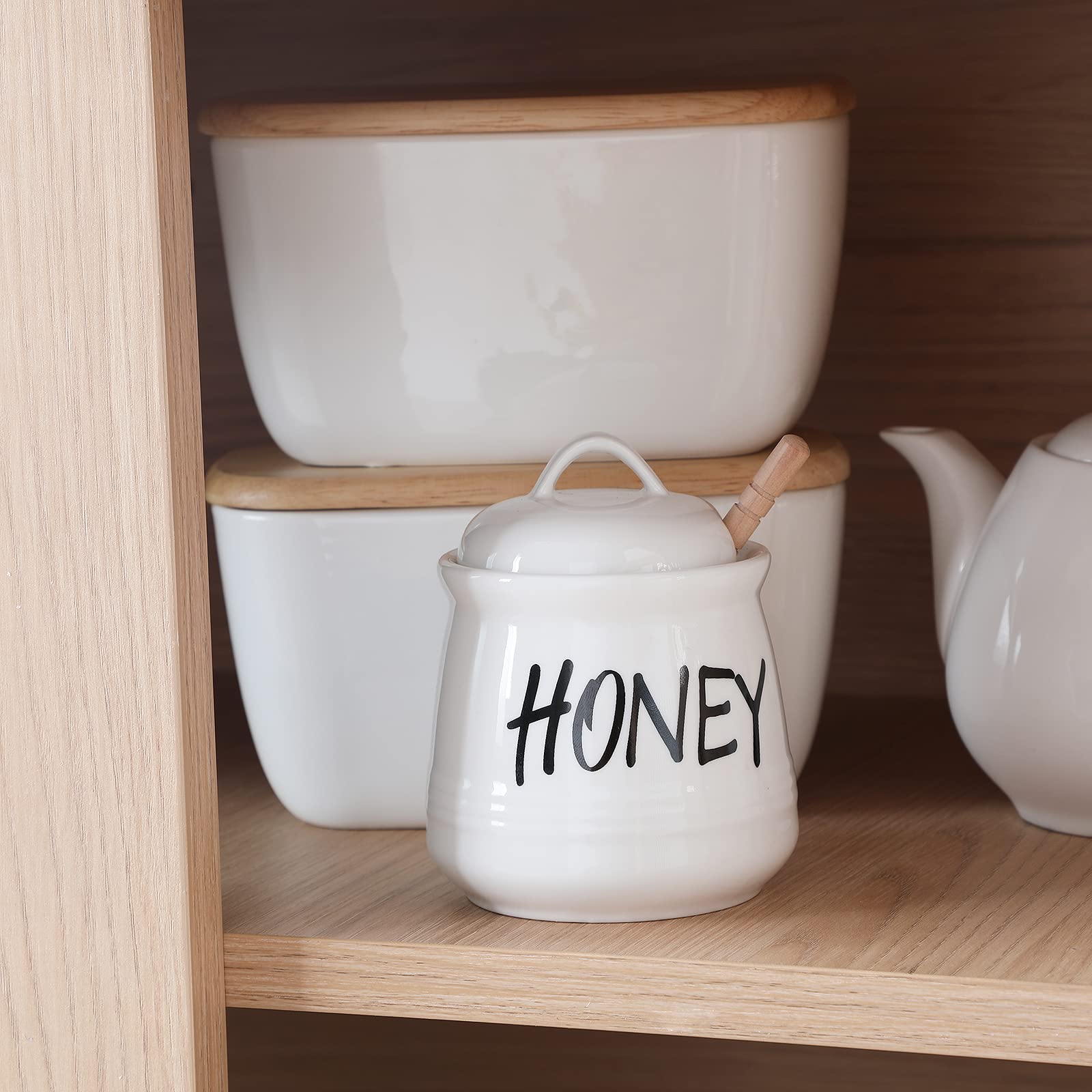 Haotop Porcelain Small Honey Jar With Lid And Honey Dipper 12Oz (White)