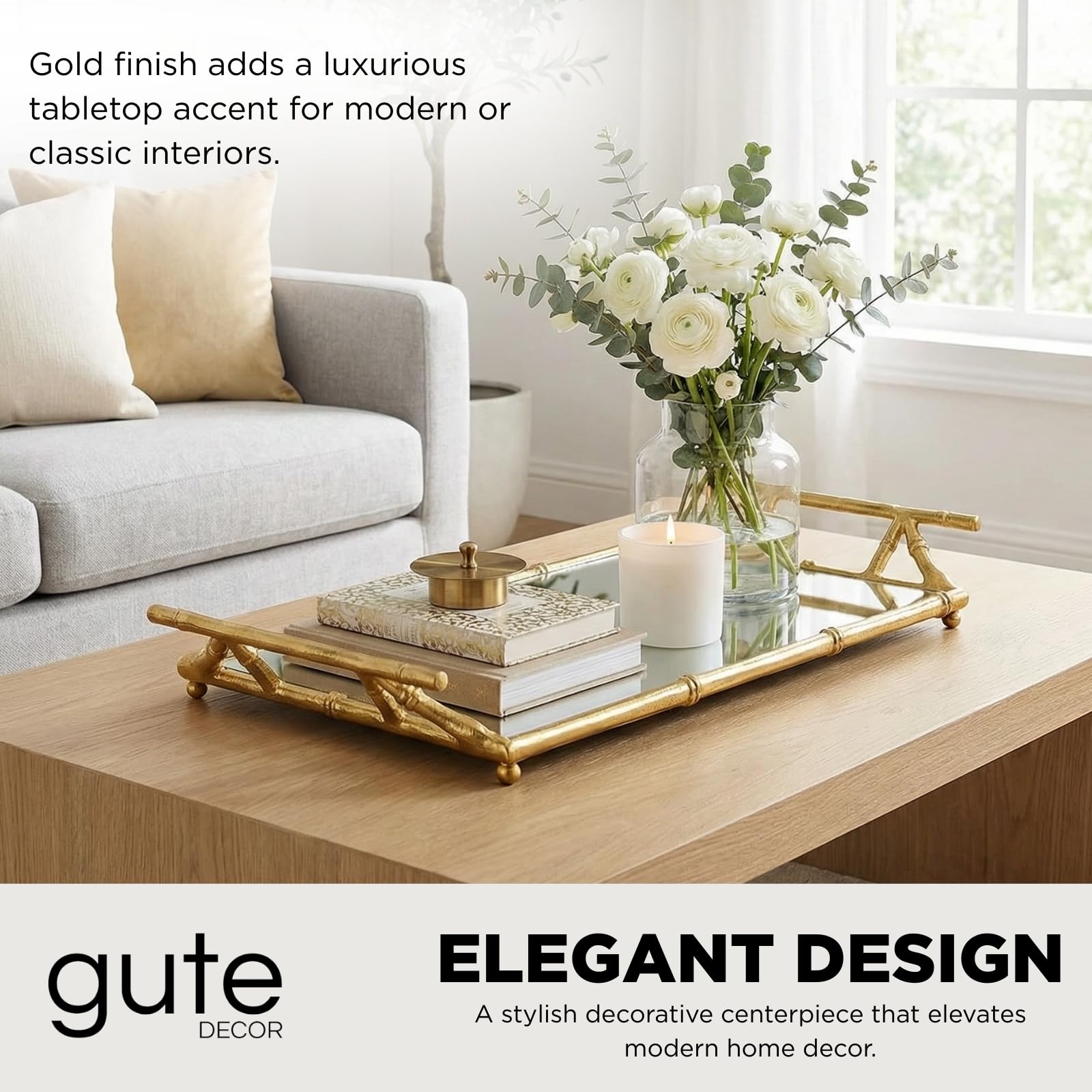 Gold Mirrored Decorative Tray, 20" Large Rectangular Aluminum Bamboo Frame