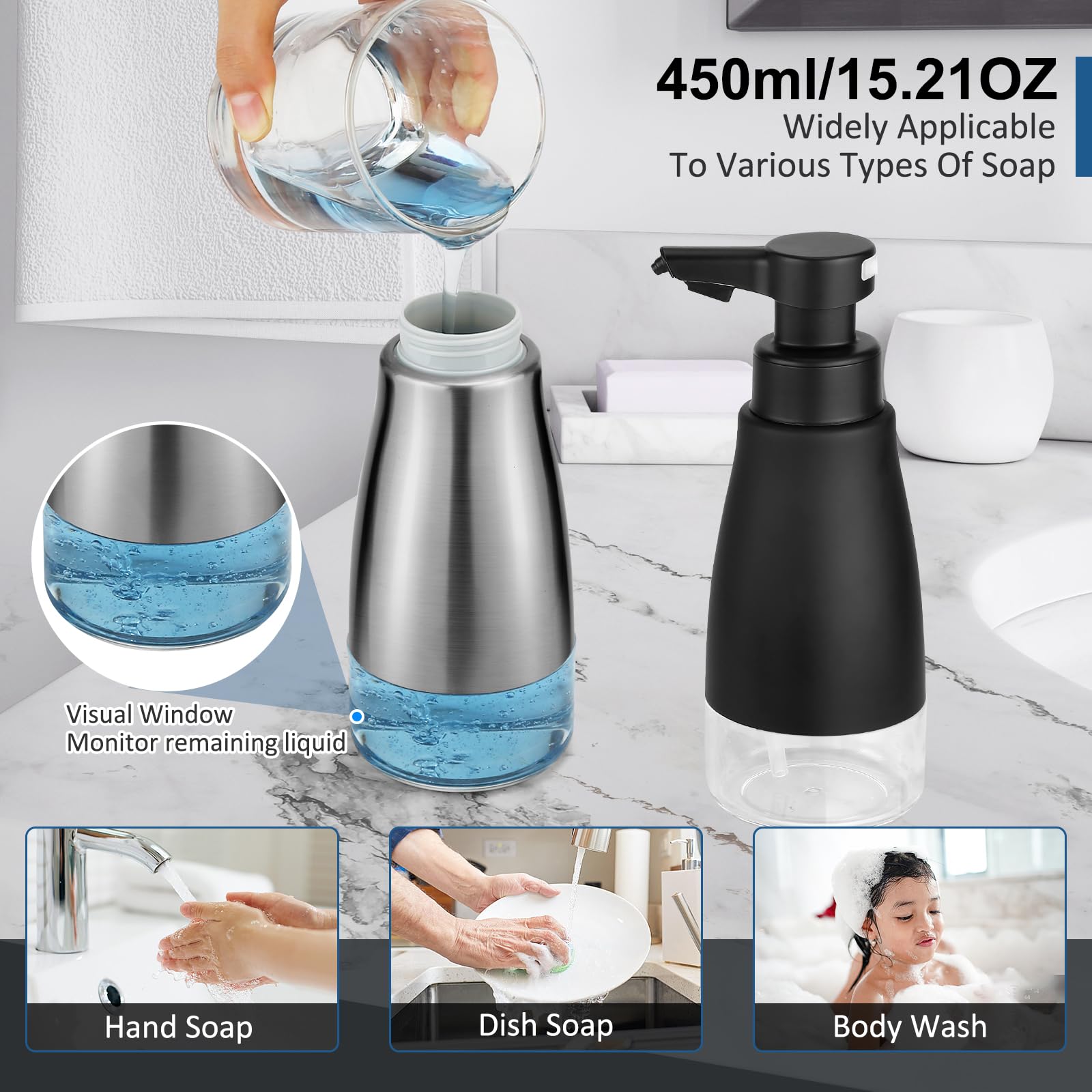 Blancel Automatic Soap Dispenser Touchless Stainless Steel Auto Liquid Hand Dish Soap Dispenser 3-Level Adjustable Hands Free El