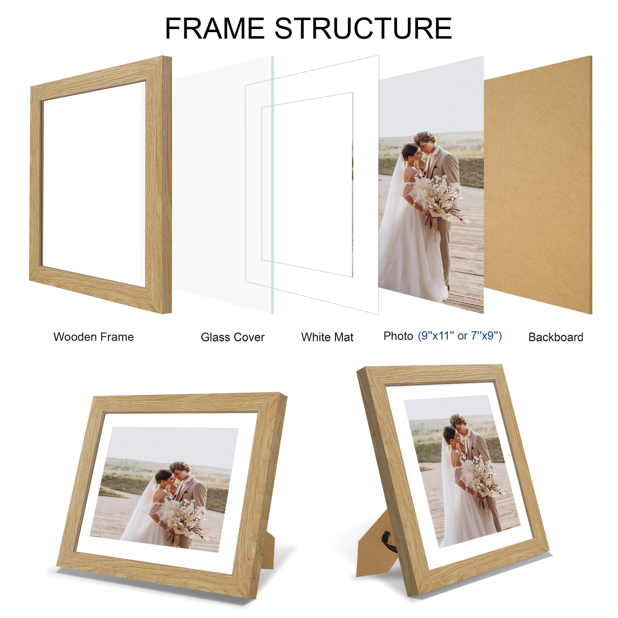 Hongkee 9x11 Picture Frame Set of 4, Made of Real Glass and Natural Oak Frame - Display Picture 7x9 with Mat or 9x11 Without Mat