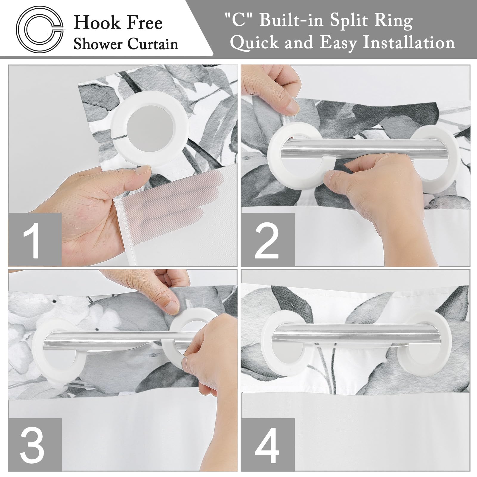 Gibelle Extra Long No Hook Shower Curtain With Snap-In Fabric Liner Set - 72'' X 86''(84''), Hotel Style Grey Eucalyptus Leaves