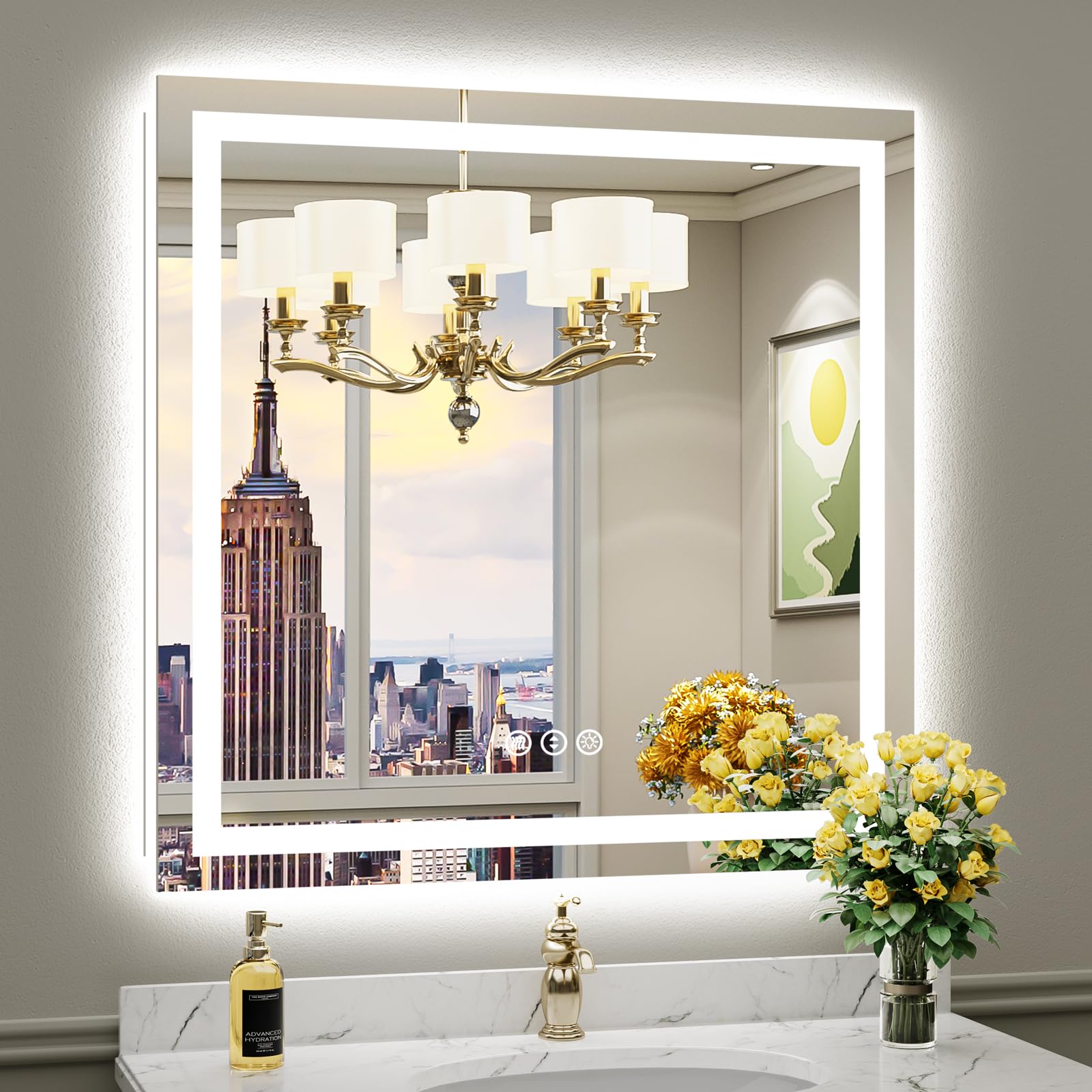 Briivue 36x36 Inch Inch LED Bathroom Mirror with Lights, Front and Backlit Lighted Vanity Mirror for Bathroom Wall with 3 Colors