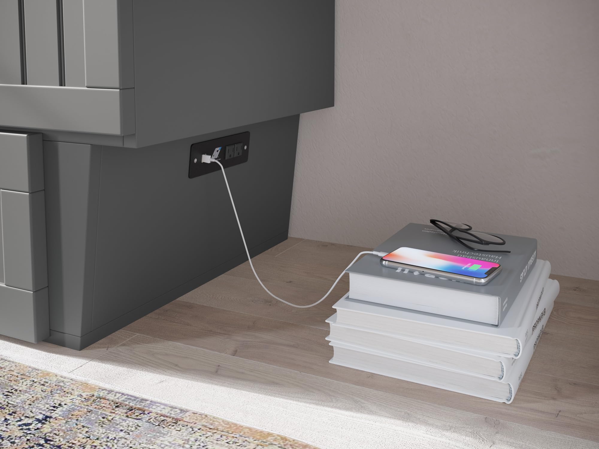 Afi, Nantucket Queen Murphy Bed Chest With Mattress, Storage Drawer And Built-In Usb Charger, Grey