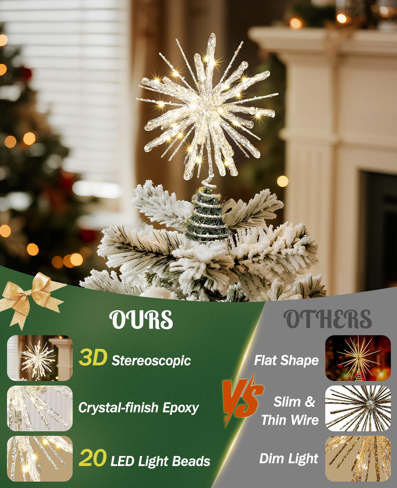 Luxspire Christmas Tree Topper, Crystal Lighted Christmas Tree Star with Remote & USB Starburst Tree Topper for Home Holiday Dec