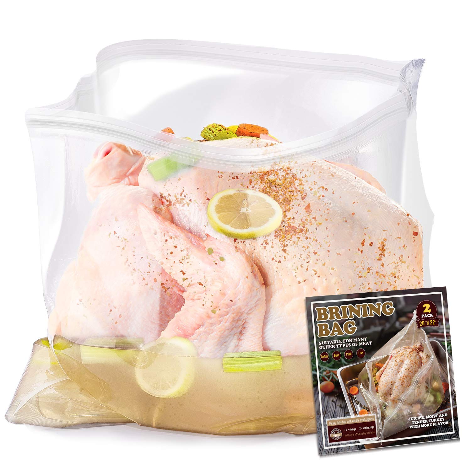 Brining Bag, 26  22, 2 Pack, Extra Large Turkey Brine Bag with 2 Strings and 2 Larger Clips, Thickened materials, Double Track Z