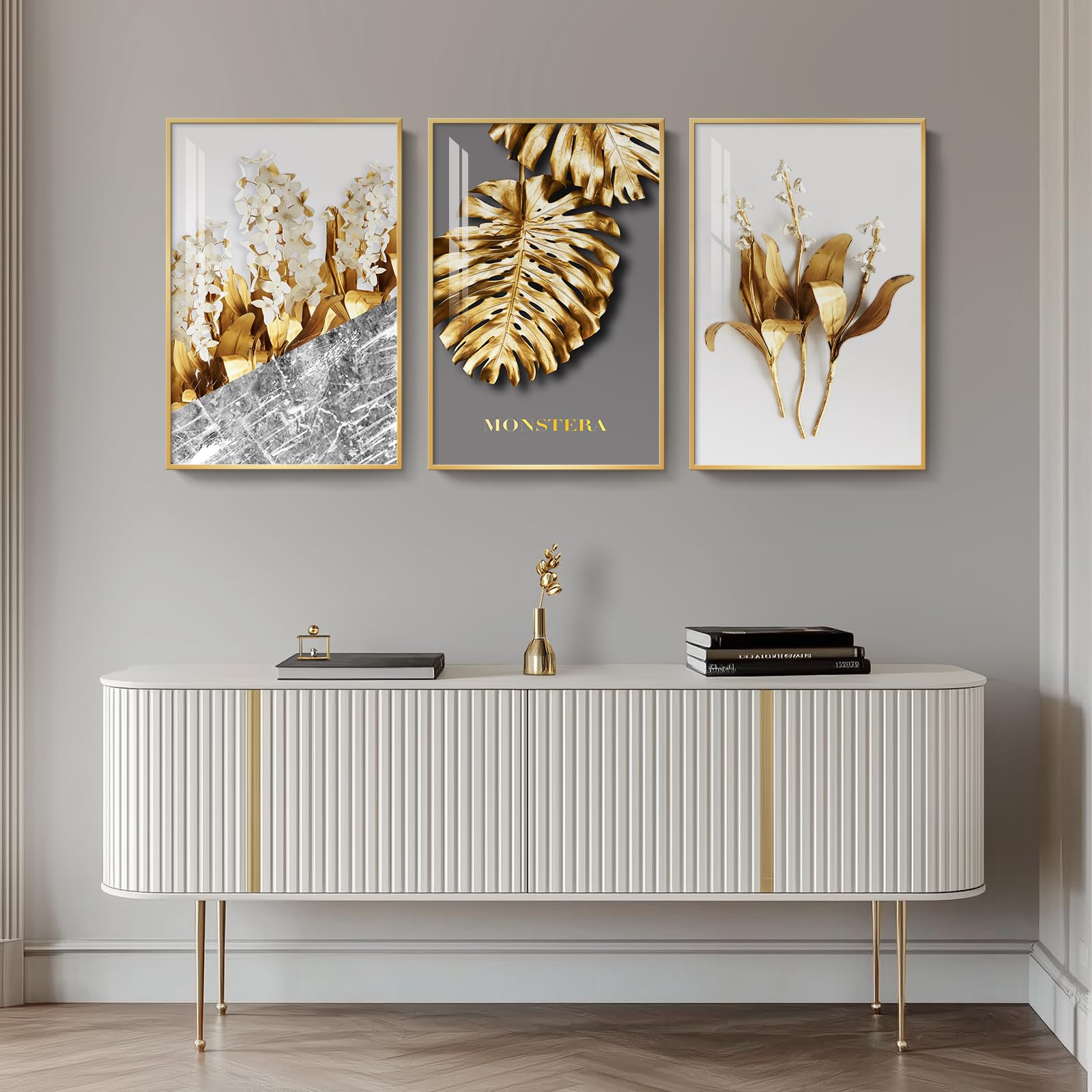 Framed Modern Luxury Large Gold Wall Art For Living Room, Set Of 3 Piece Contemporary Paintings Artwork For Walls, Big Size Prin