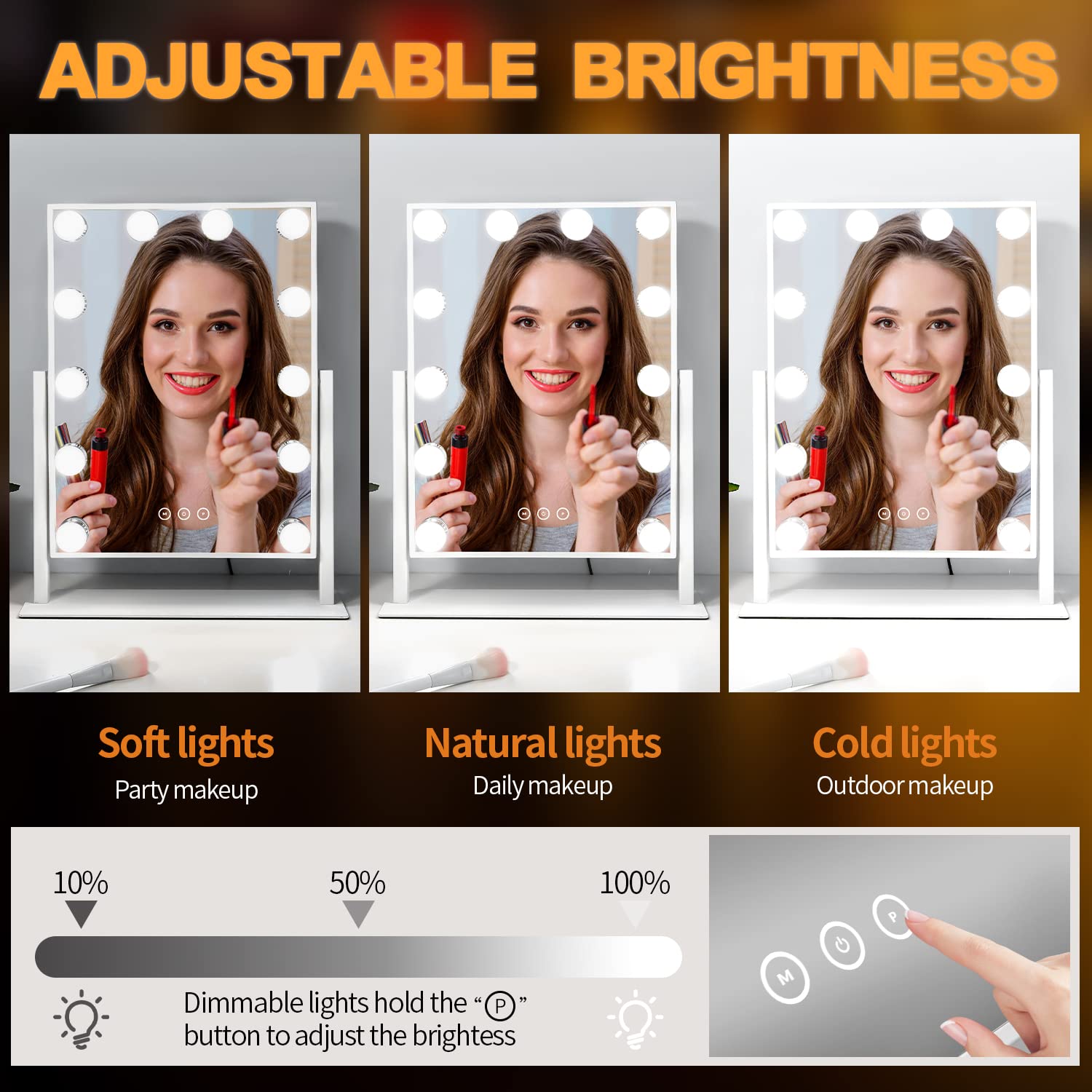 Nusvan Vanity Makeup Mirror With Lights,3 Color Lighting Modes Detachable 10X Magnification Mirror Touch Control,360Rotation, Wh