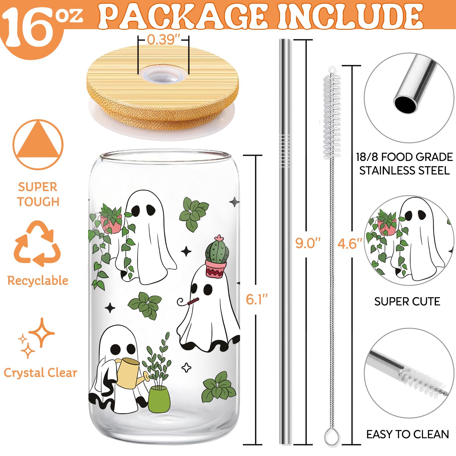 JYPLKCMT Halloween Plant Ghost Cup, Cute Halloween Mug Gifts Basket for Plant Lovers, 16 oz Iced Coffee Tumbler with Lid and Str
