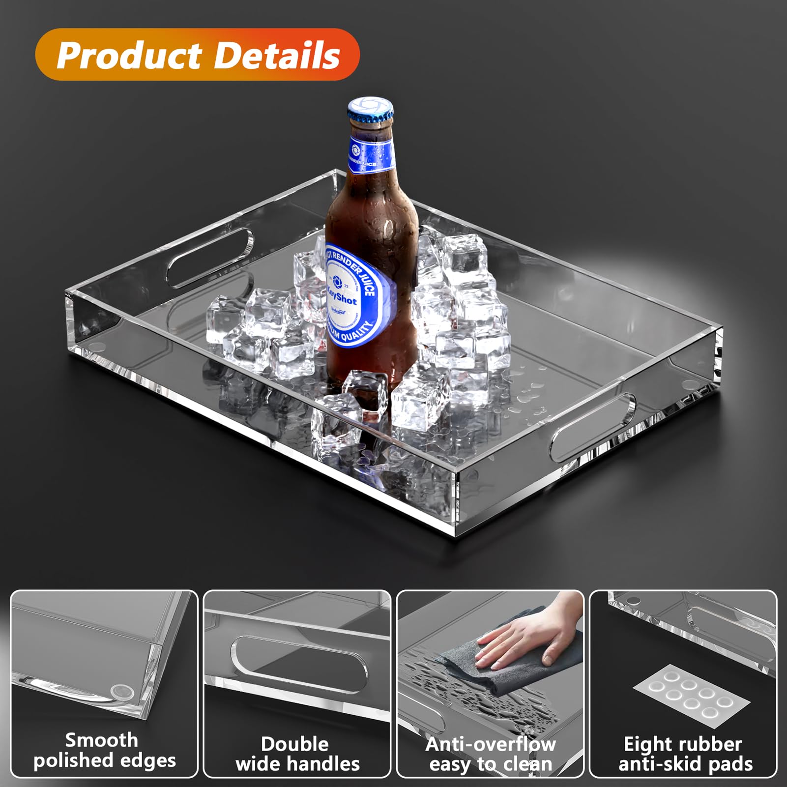 2 Pack Serving Tray With Handles, Clear Acrylic Tray For Serving Food, Large Outdoor Food Trays For Eating, Lucite Acrylic Trays