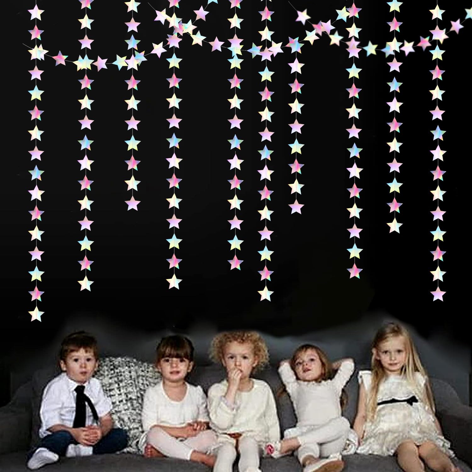 Iridescent Disco-Holographic Party-Decorations Christmas Garland - 62Ft Twinkle Little Star Streamers Hanging Banner,Wedding Bir