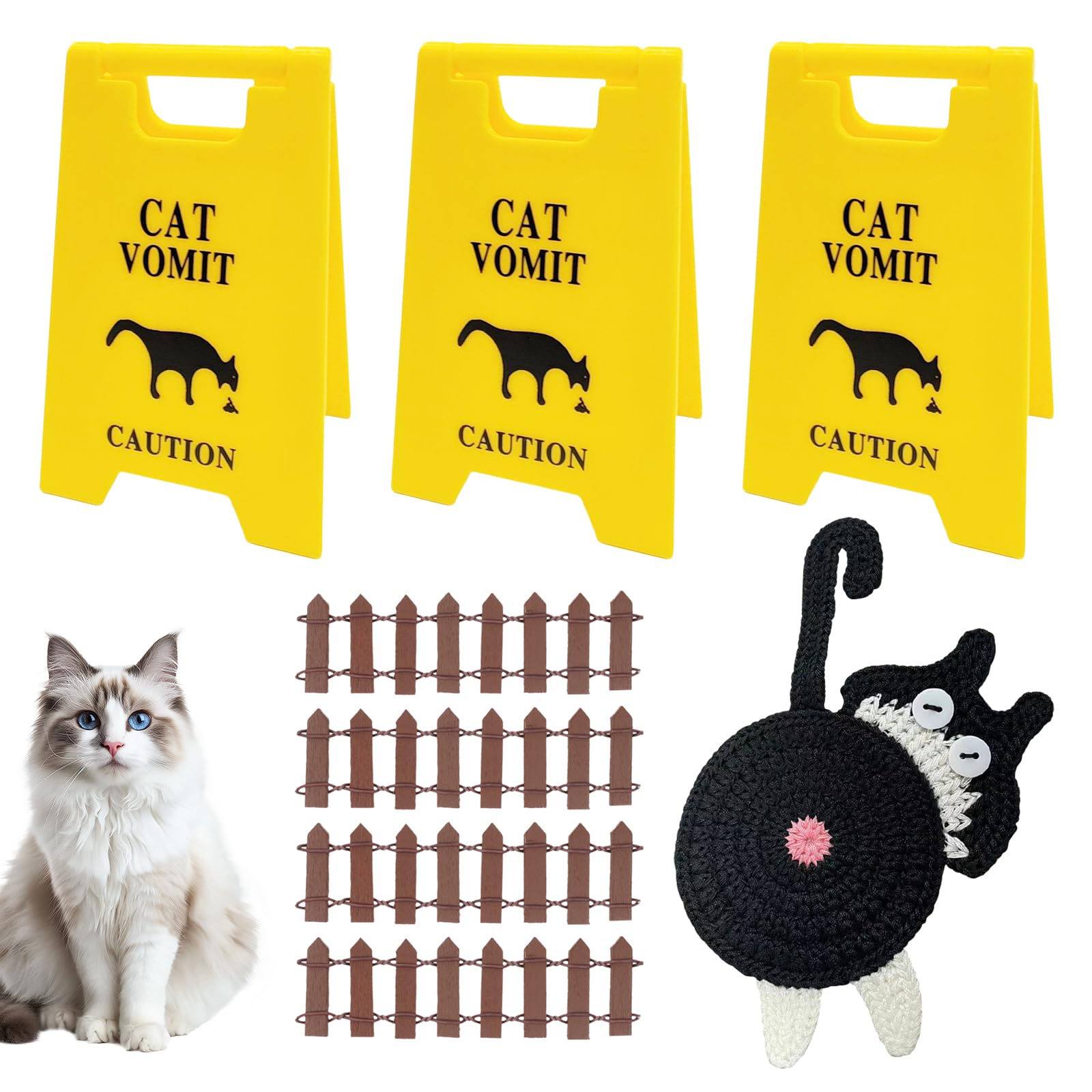 3Pcs Cat Vomit Caution Sign, Funny Cat Vomit Sign with Mini Fence and Woven Cat Coaster 3D Printed Cat Warning Signs Double Side