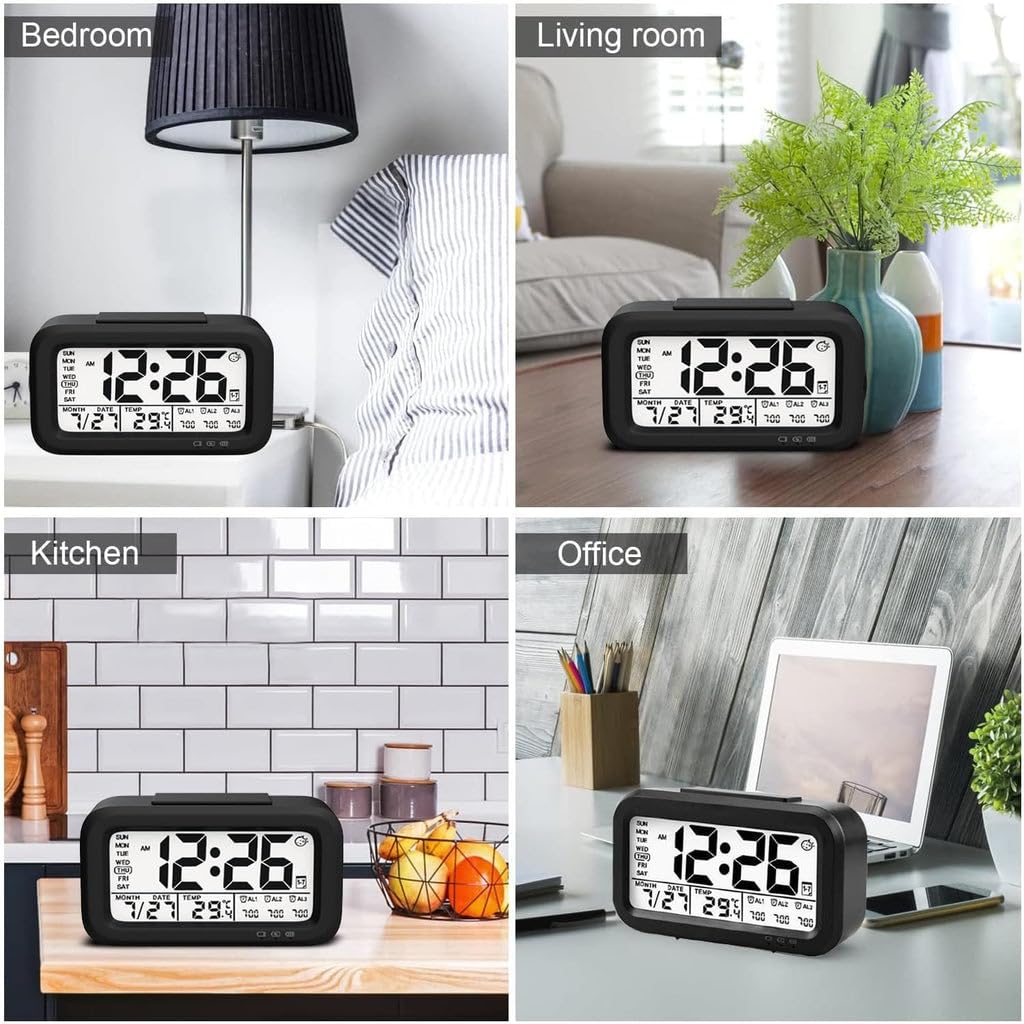 Bulfyss USB Rechargeable Digital Alarm Clock, Date, Temperature, Backlight LCD Display Smart Clock with 3 Alarms Bedroom Table D