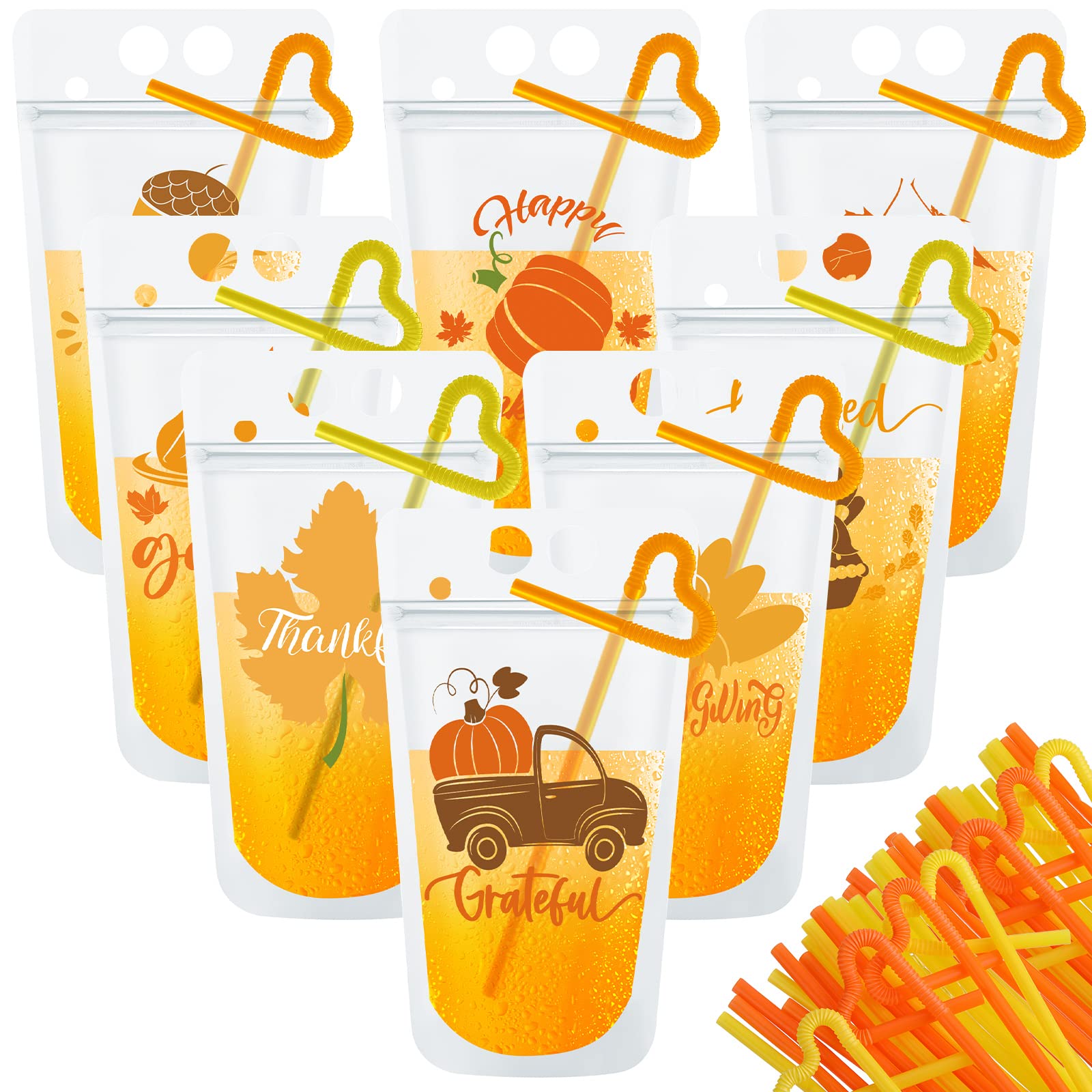 Jinei 24 Sets Thanksgiving Drink Pouches with Straw Pumpkin Turkey Maple Leaves 16 oz Juice Plastic Bags Reclosable Ice Drink Po