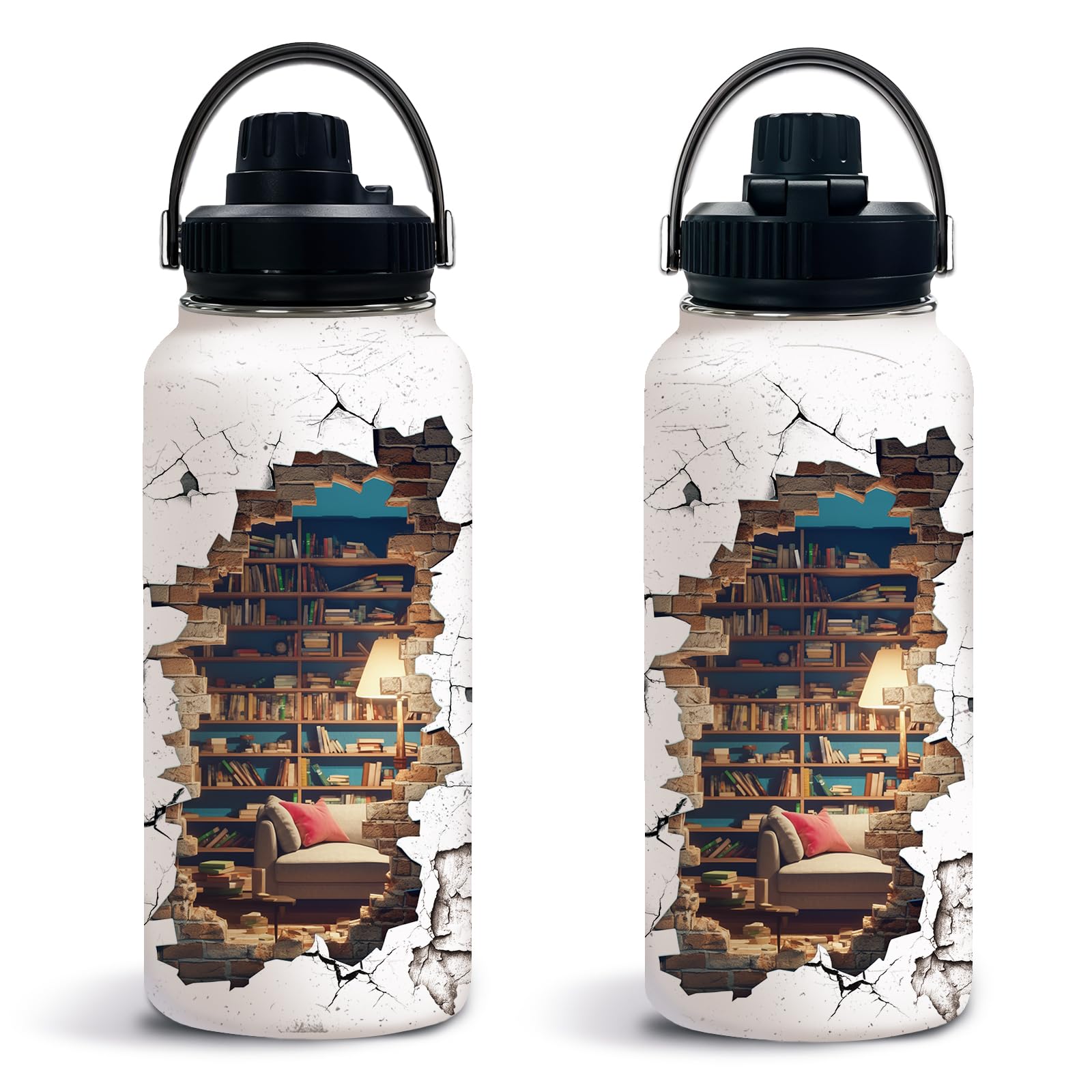 Uibunoo Bookish Gifts, Bookshelf Stainless Steel Water Bottle with Lid 32oz, Gifts for Book Lovers, Readers Writer Bookish Bookw