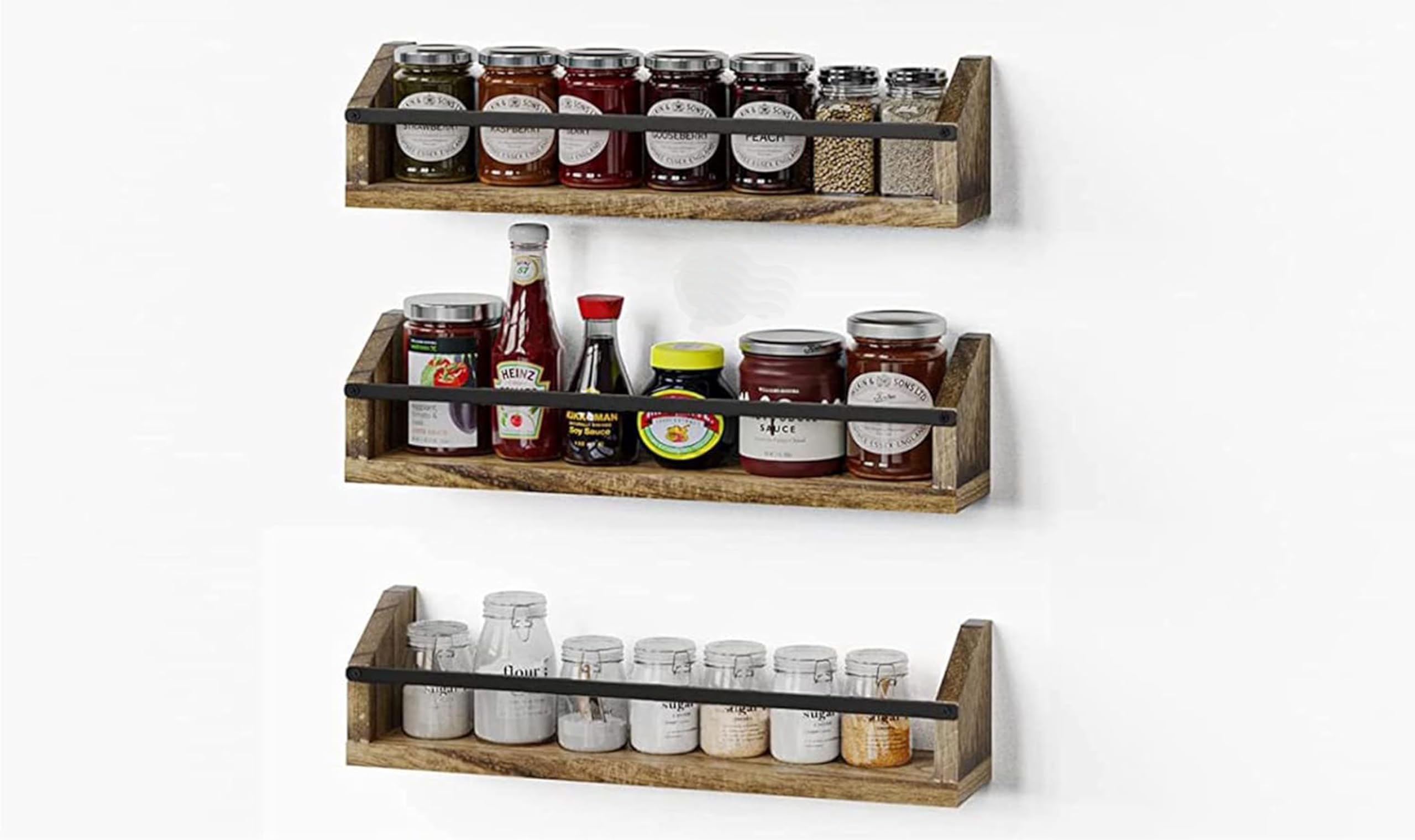 Insight Arts Spice Racks And Wall Mount Shelves Or Book Shelves, Three Piece Farmhouse Wall Spice Rack Organizer Set For Kitchen