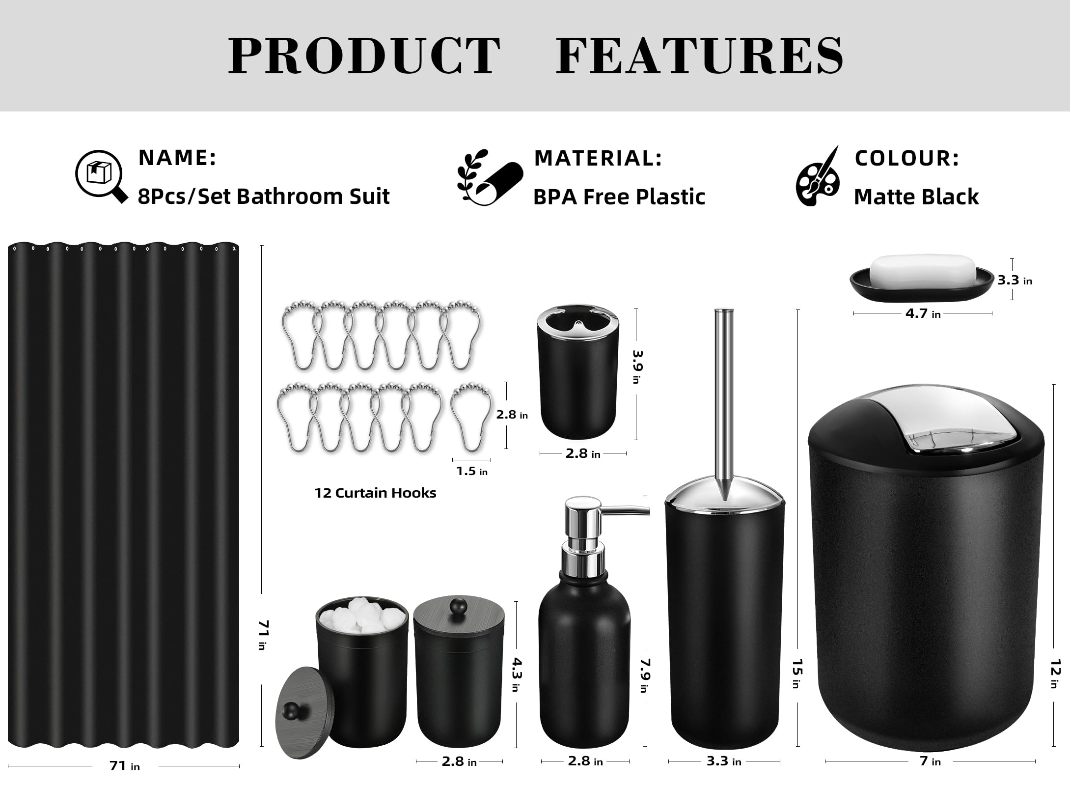 Alpiriral Bathroom Set, 20Pcs Bathroom Shower Curtain Sets With Hooks, Black Bathroom Accessories Set With Trash Can, Bathroom A