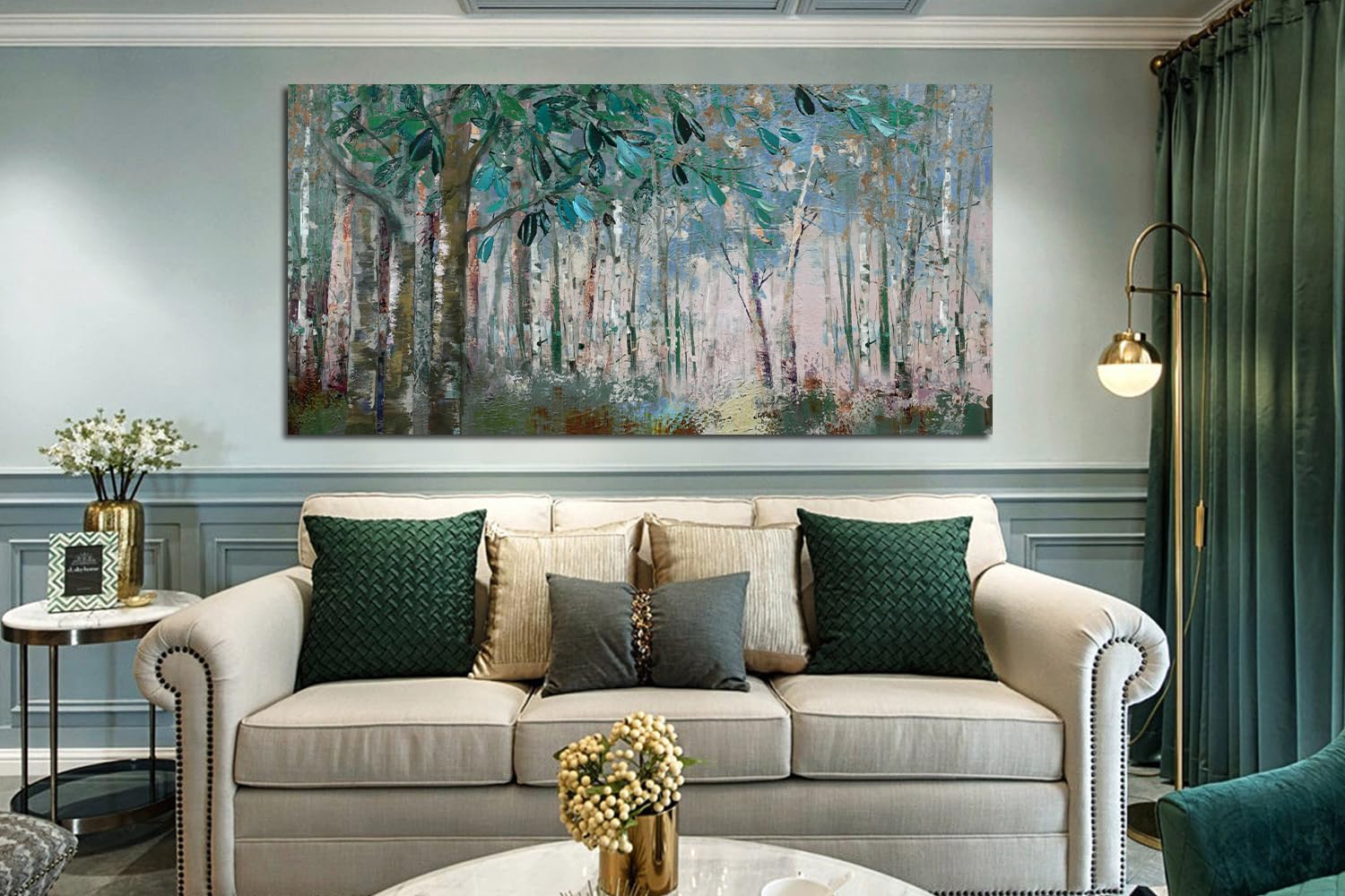 Ardemy Green Tree Canvas Wall Art Forest Landscape Picture Modern Birch Trees Nature Painting, Abstract Artwork 40''X20'' Framed