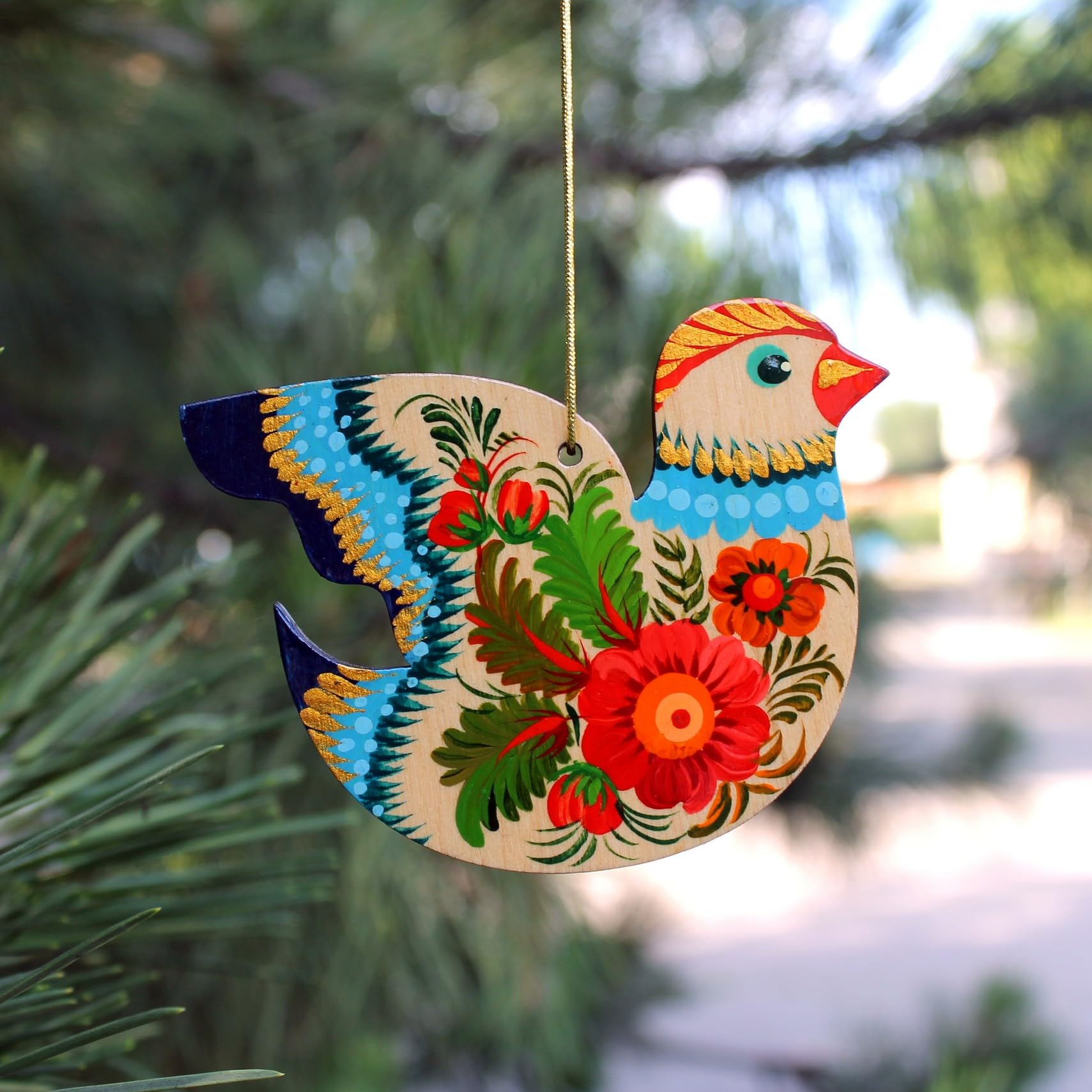 Bird Christmas Tree and Easter Ornament Rustic Ukrainian Wooden Hand Painted on Both Sides Birds Flat Decorations Traditional Co