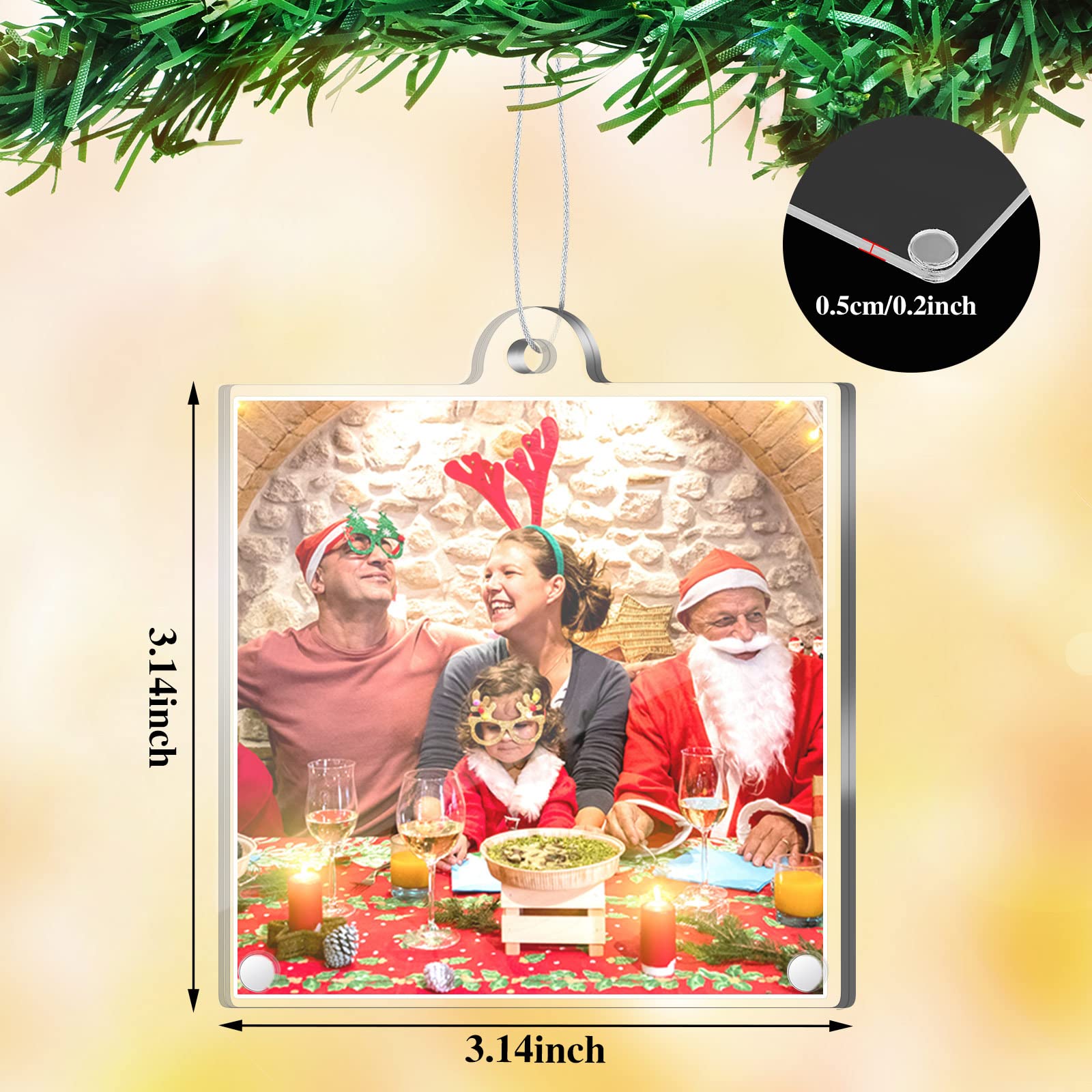 Weysat 8 Pcs Christmas Acrylic Photo Ornaments Hanging Picture Frame Ornaments Wallet Size Picture Frames for Christmas Tree Dec
