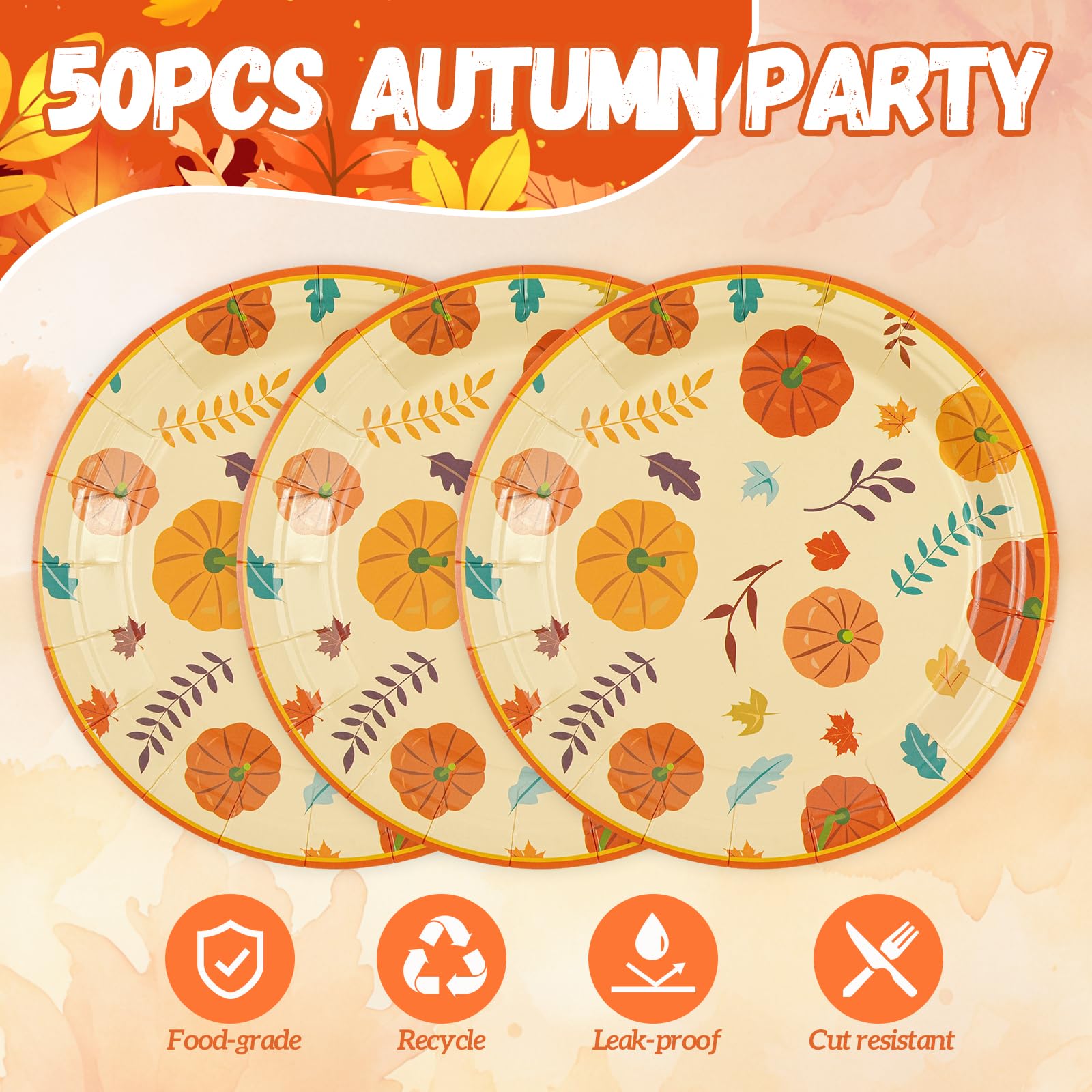 HFBOBP 50 Pack Fall Pumpkin Paper Plates, 7inch Thanksgiving Dessert Plates Autumn Leaves Party Supplies Disposable Tableware Se
