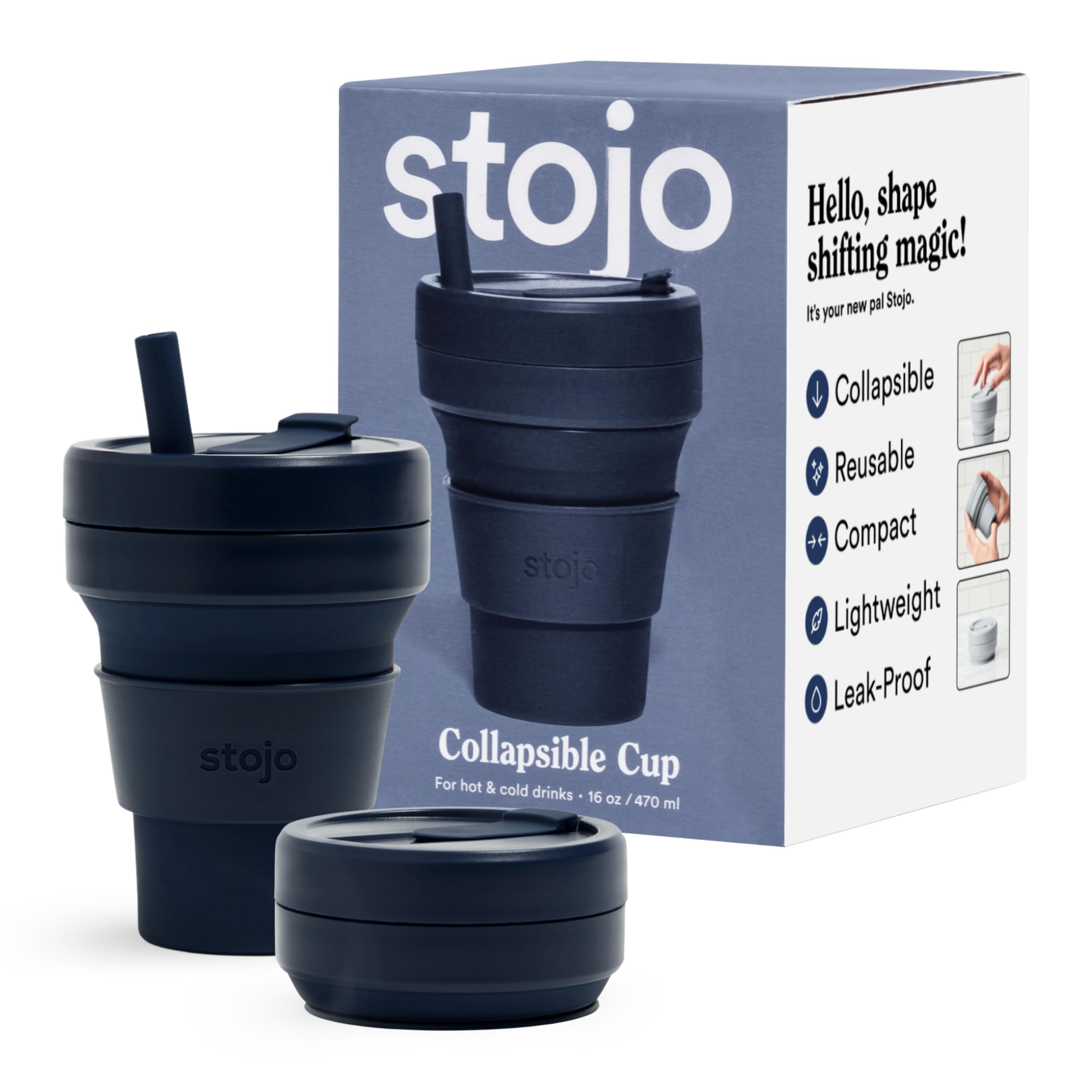 STOJO Collapsible Travel Cup With Straw - Denim Blue, 16oz / 470ml - Reusable To-Go Pocket Size Silicone Cup for Hot and Cold Dr