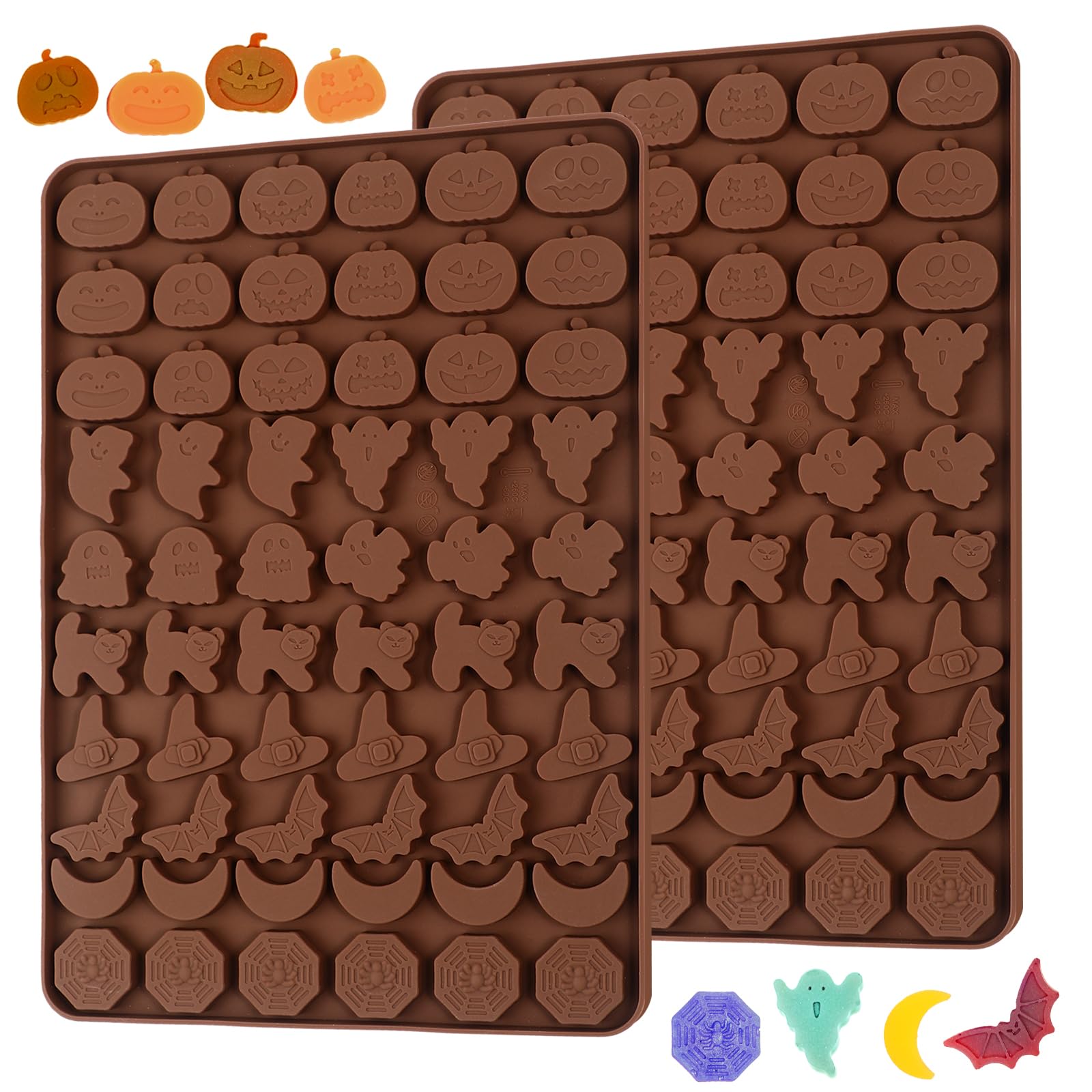 Kamehame Halloween Candy Gummy Mold, 2 Pieces 60 Cavity Mini Pumpkin Ghost Vampire Cat Hat Bat Moon Spider Web Silicone Molds Fo