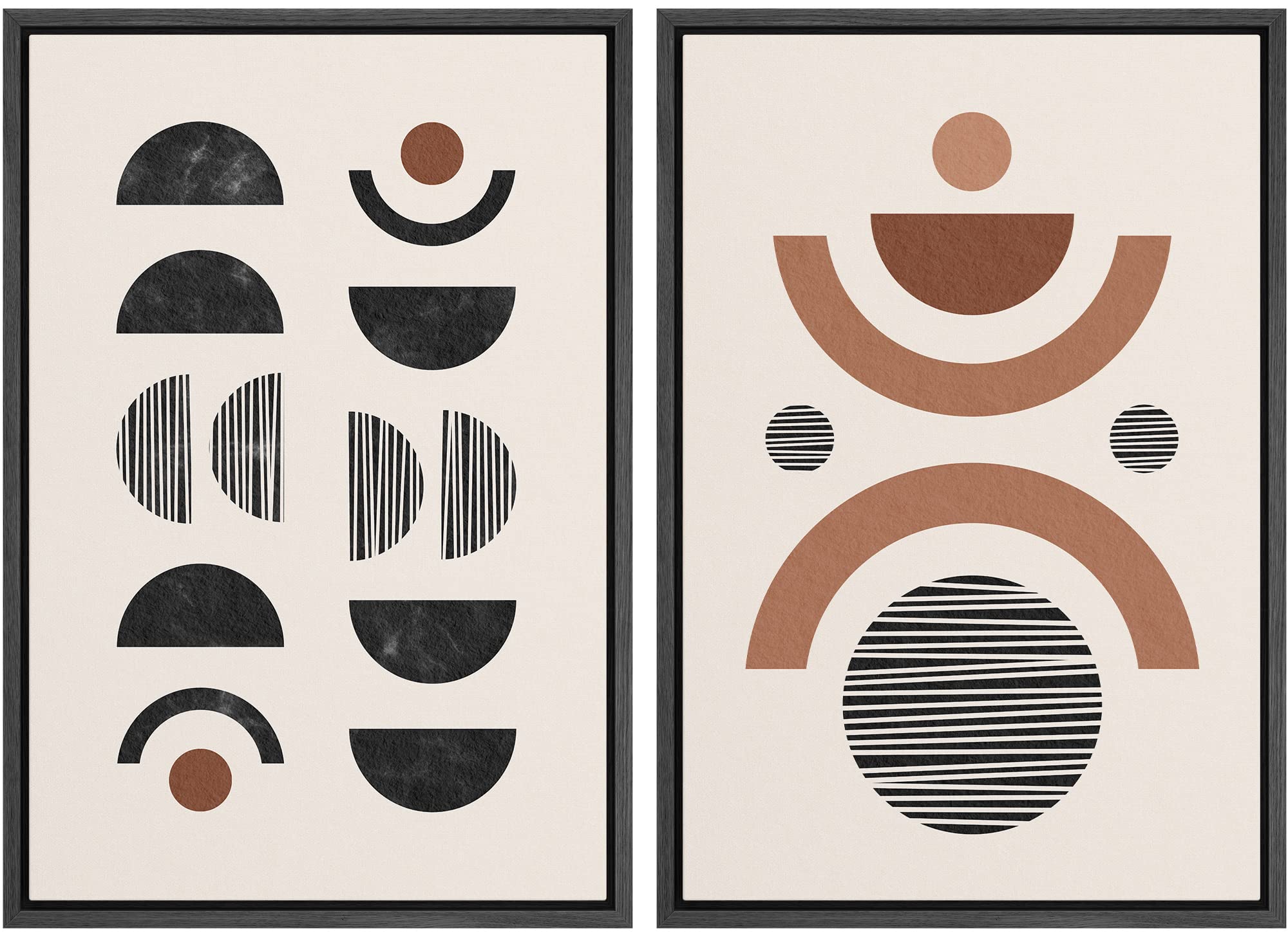 Signford Framed Canvas Print Wall Art Geometric Black And Brown Semi Circle Polygons Abstract Shapes Illustrations Modern Boho C