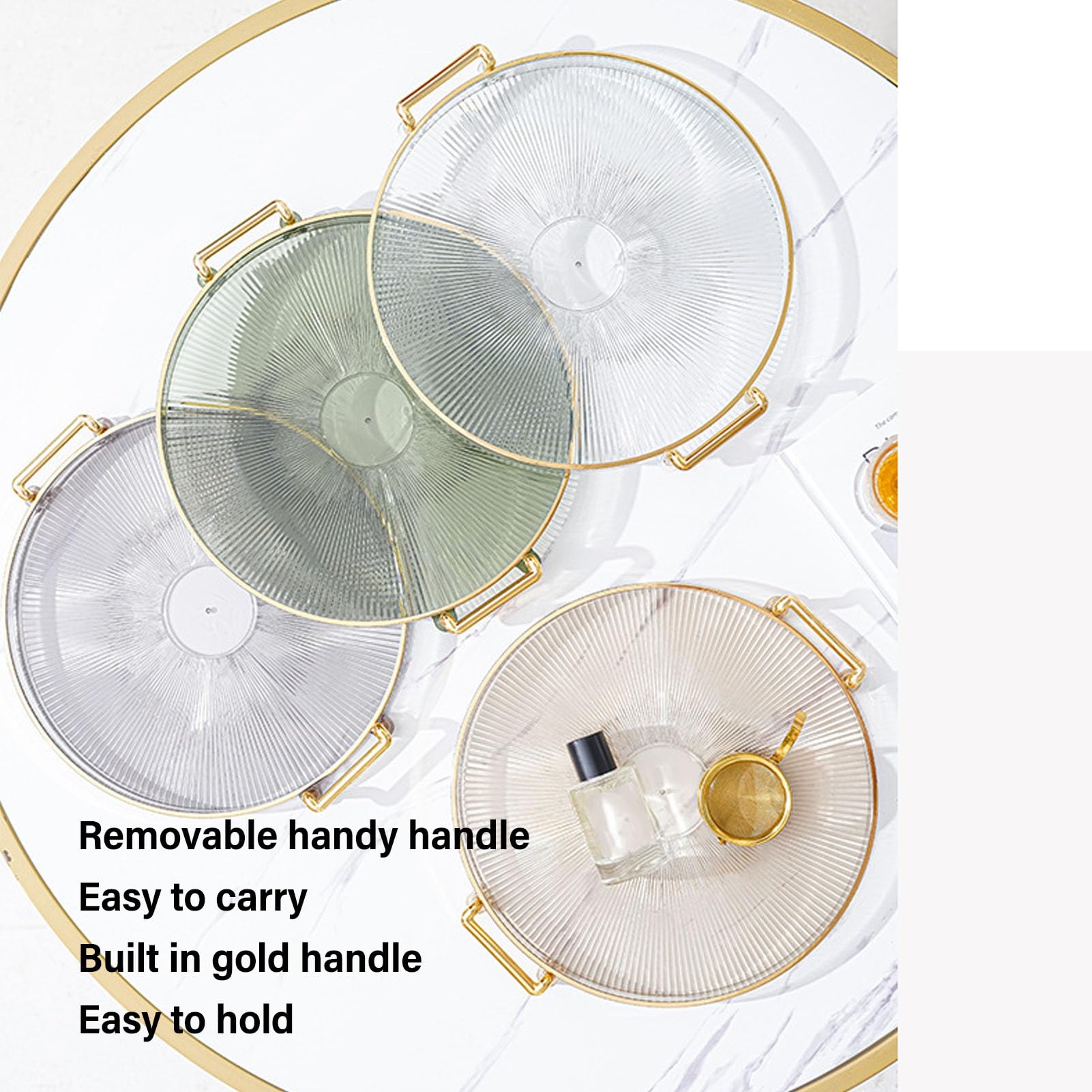 Round Serving Tray, Decorative Tray With Gold Handle For Fruit, Desserts, Snacks (Transparent)