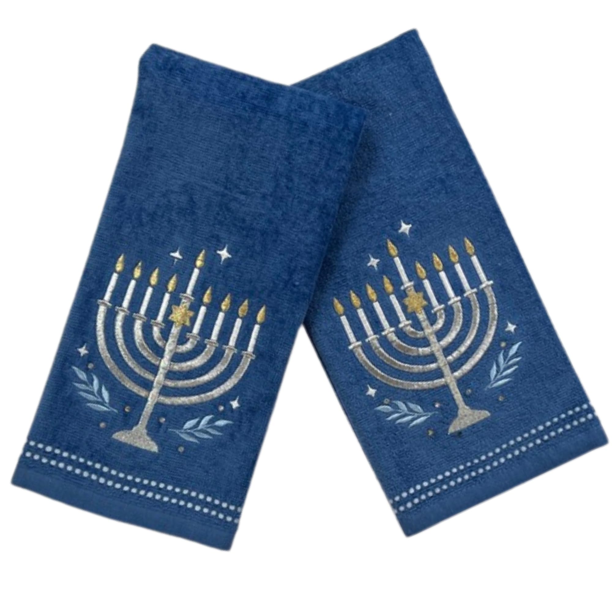 Hanukkah Menorah Bath Hand Towel Set, 16 X 25 Inches, Set Of 2, Blue Cotton Guest Towels