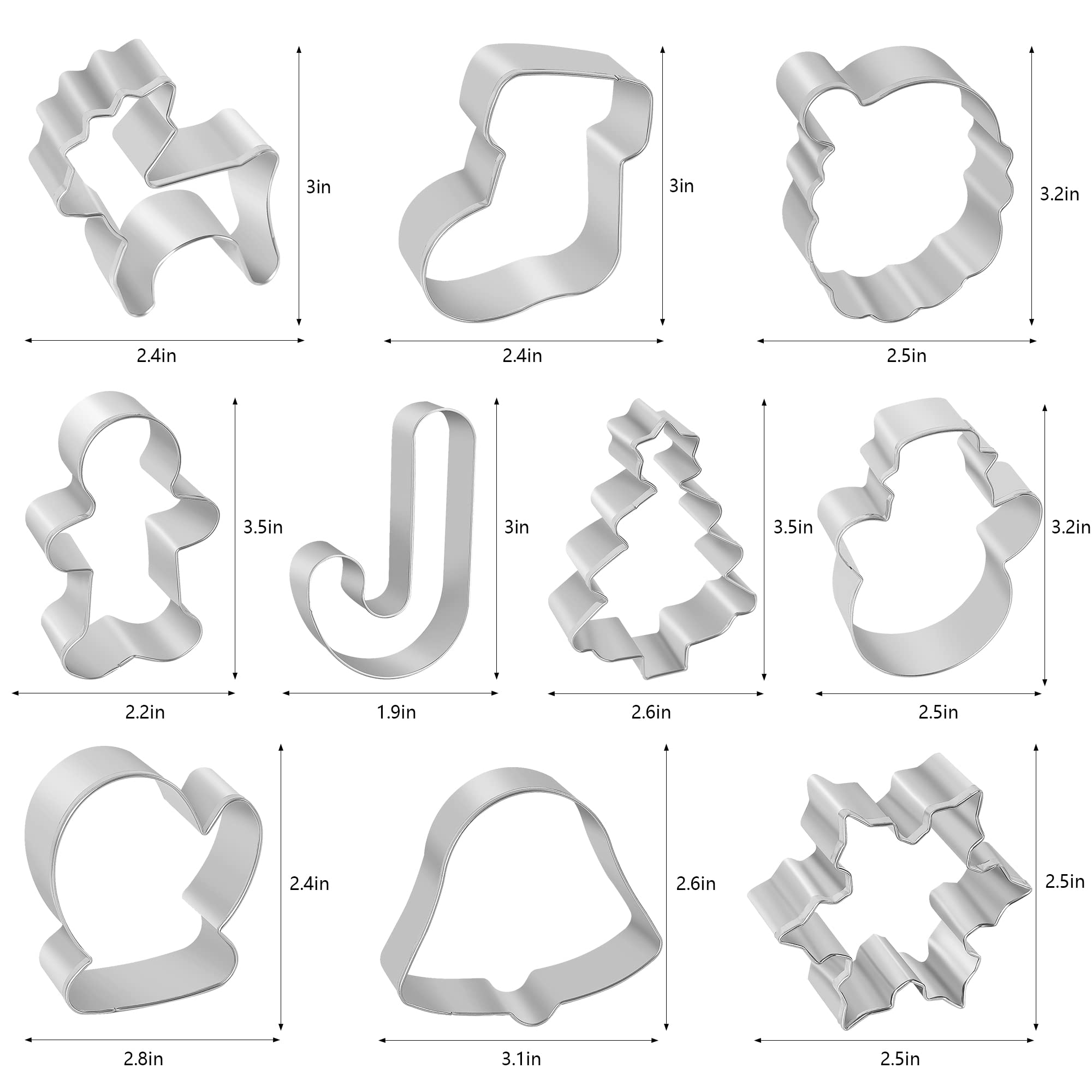 Christmas Cookie Cutters, 10 Pieces Large Metal Cookie Cutters Shape - Gingerbread Man, Snowflake, Snowman, Christmas Tree, Bell
