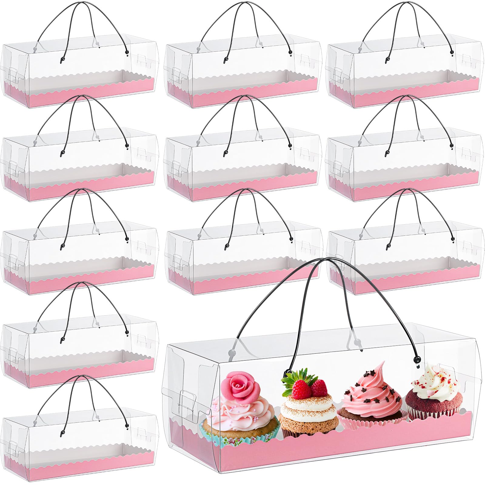 12 Pcs Mothers Day Treat Boxes 4 Count, Pink Clear Cupcake Box with Handle 11 x 4.3 x 4 Inch Bakery Containers for Cupcake Donu