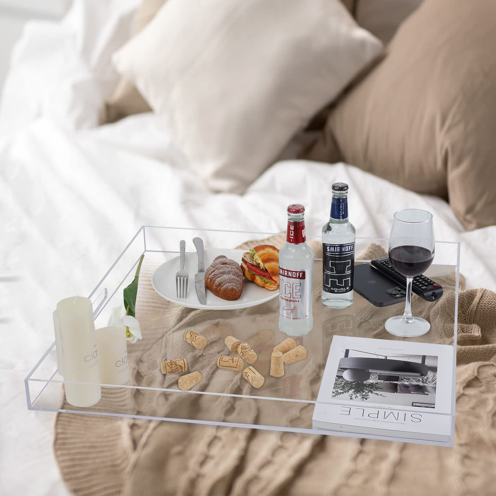 22  22 Inches Oversize Extra Large Sturdy Clear Acrylic Serving Tray King Size Decorative Tray Big Ottoman Tray With Cut Out Han