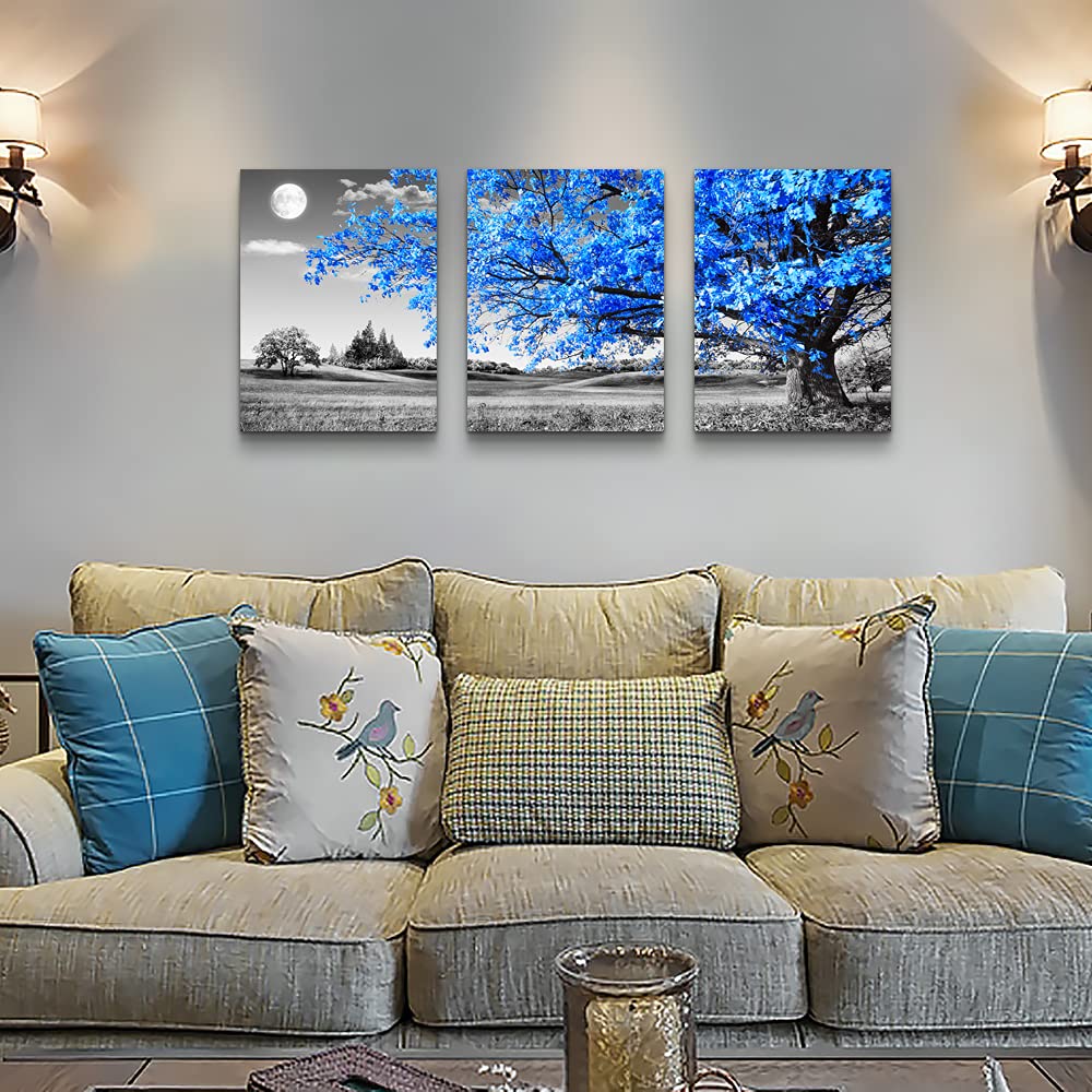 Wall Art For Living Room Black And White Blue Tree Moon Canvas Wall Decor For Home Artwork Painting 12'' X 16'' 3 Pieces Canvas
